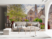 Hallway styled in Malmesbury Church Wall Mural with garden and church view