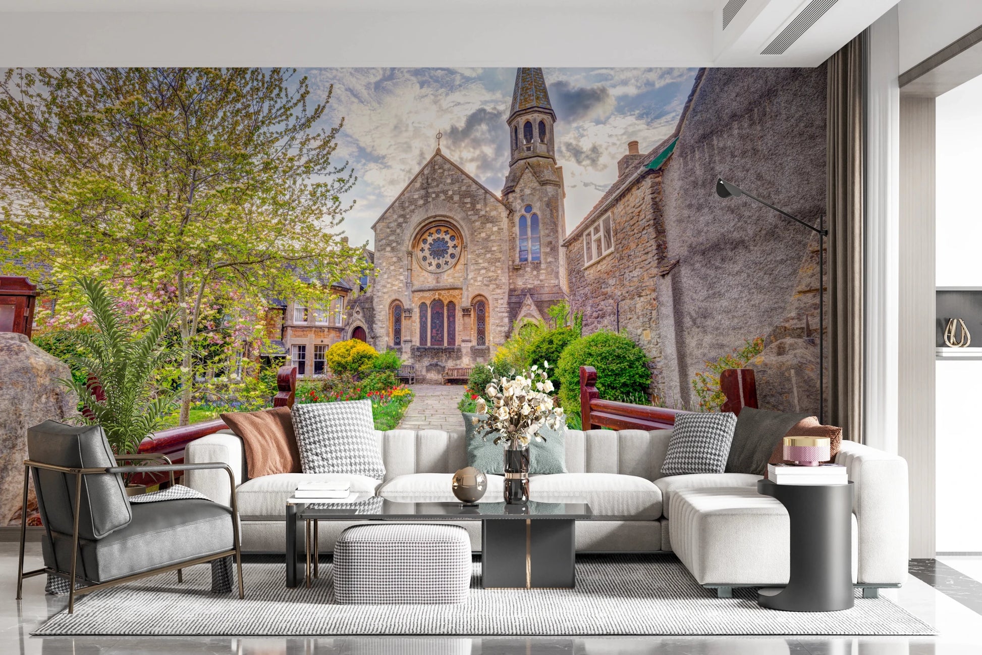 Hallway featuring Malmesbury Church Wall Mural with historic architecture scene