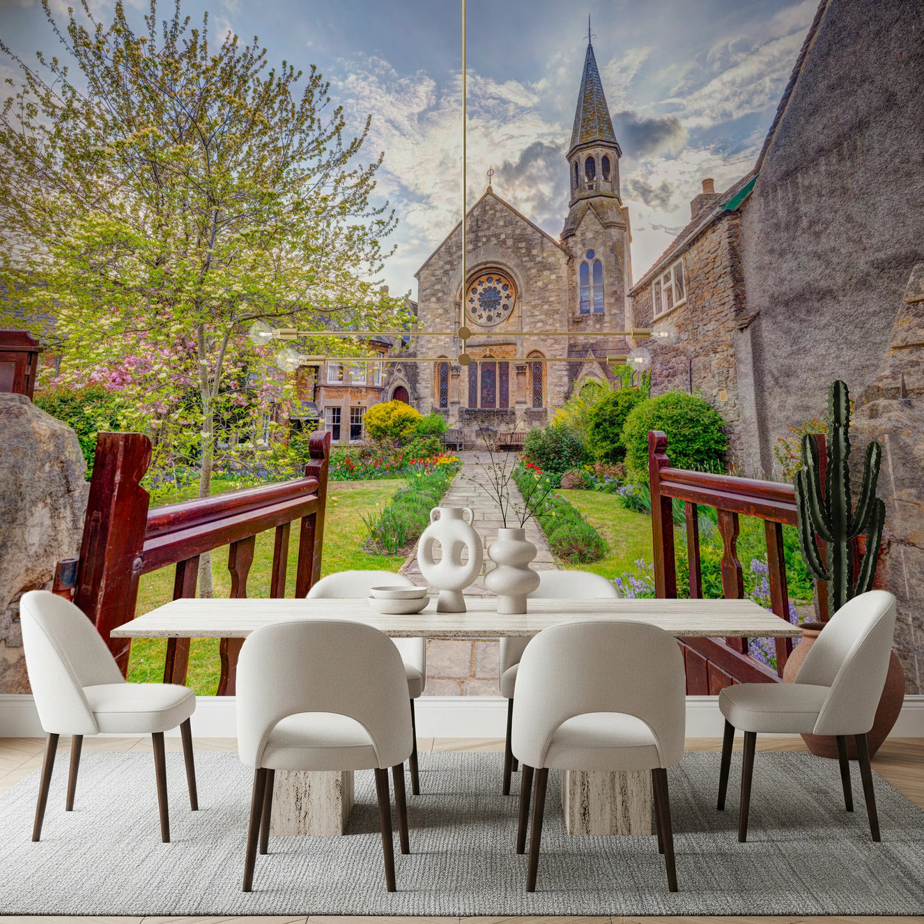 Dining room with Malmesbury Church Wall Mural showing stone building and pathway