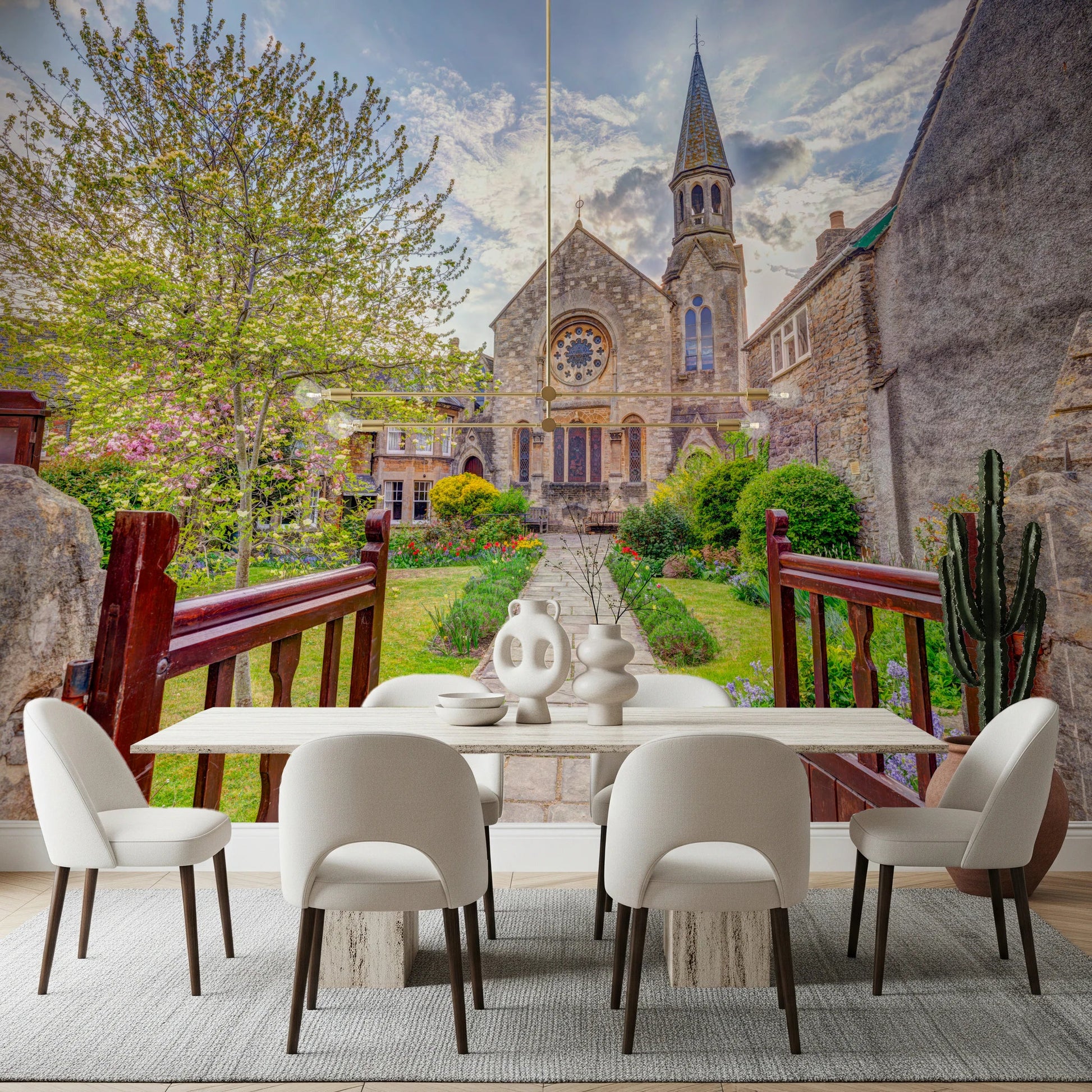 Dining room with Malmesbury Church Wall Mural showing stone building and pathway