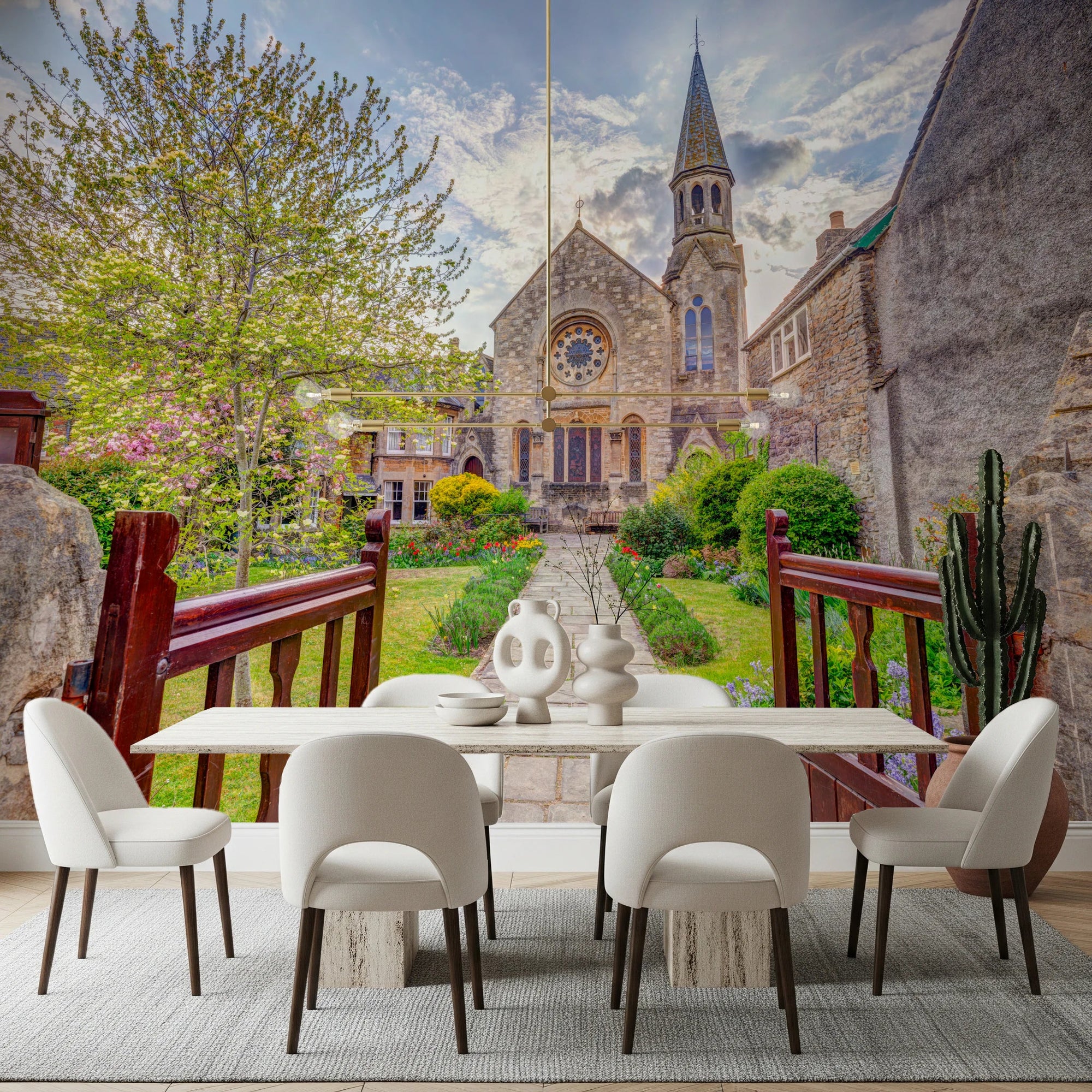 Dining room with Malmesbury Church Wall Mural showing stone building and pathway, GD8789
