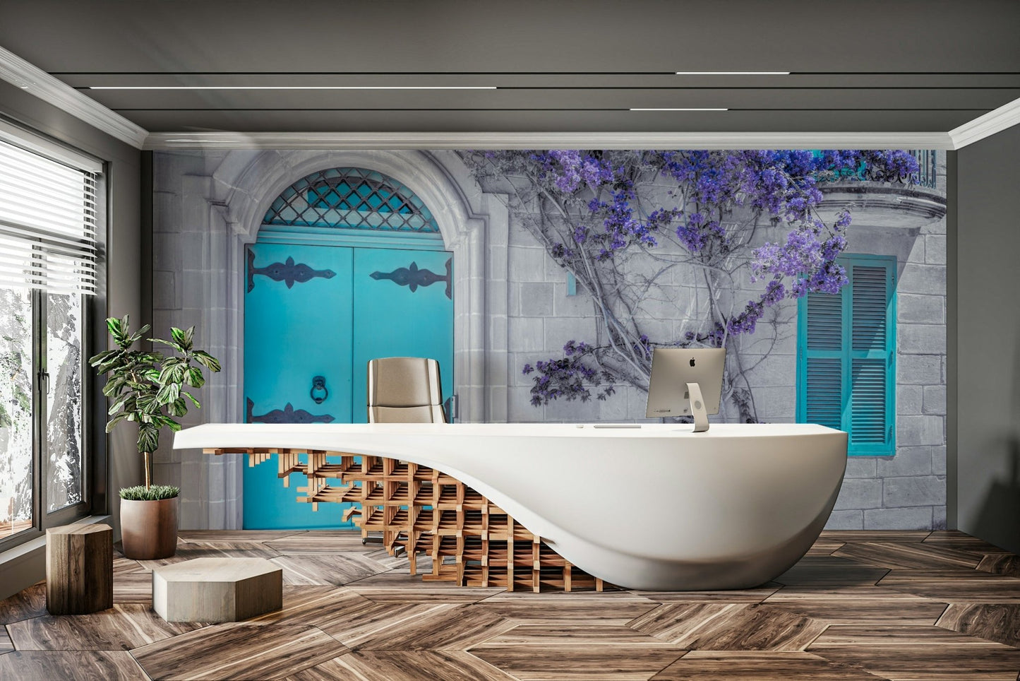 The stonework of the building is light-colored.

