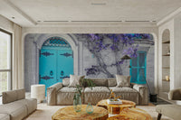 The composition is centered on the door and archway.

