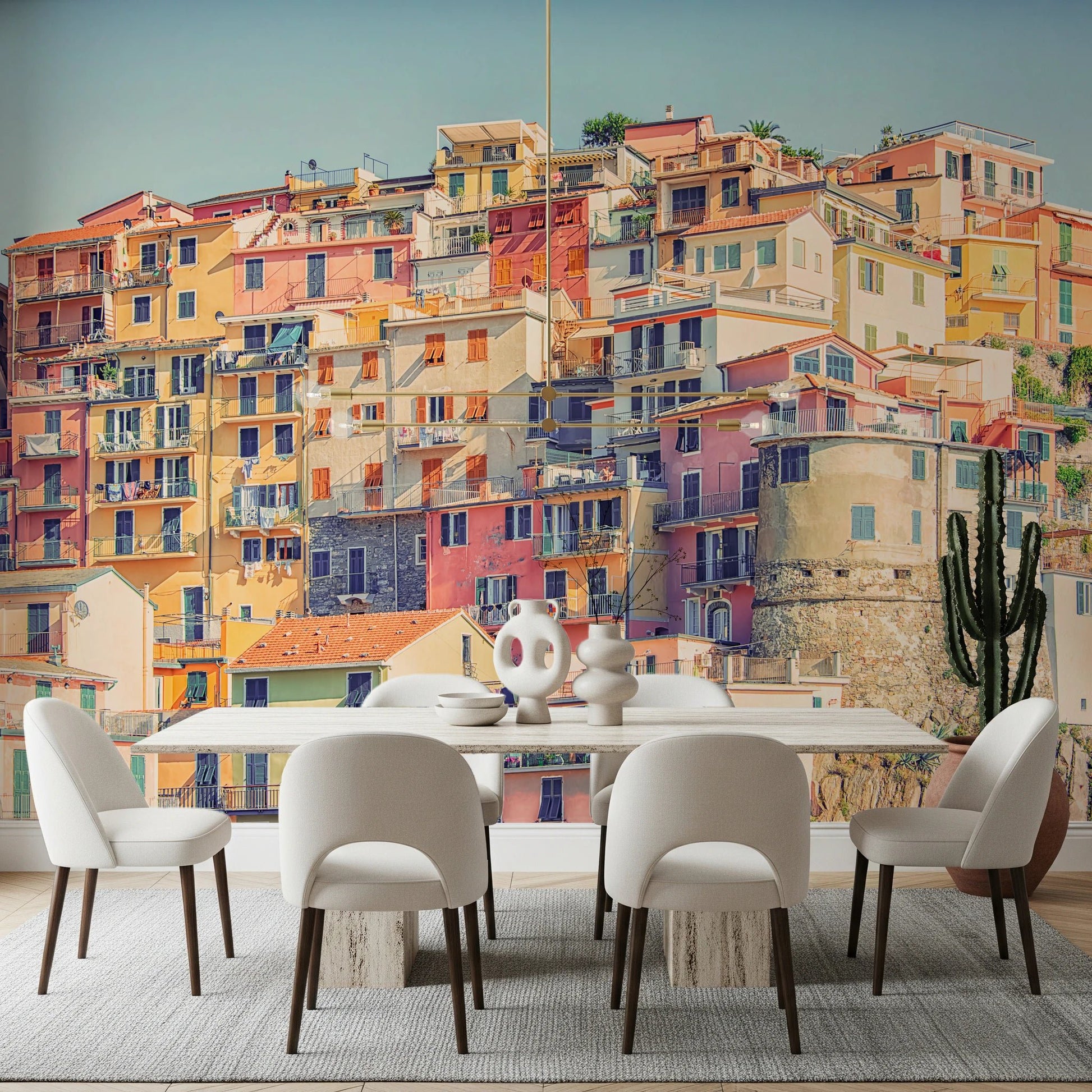 Coastal city wall mural with balconies and homes