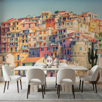 Coastal city wall mural with balconies and homes