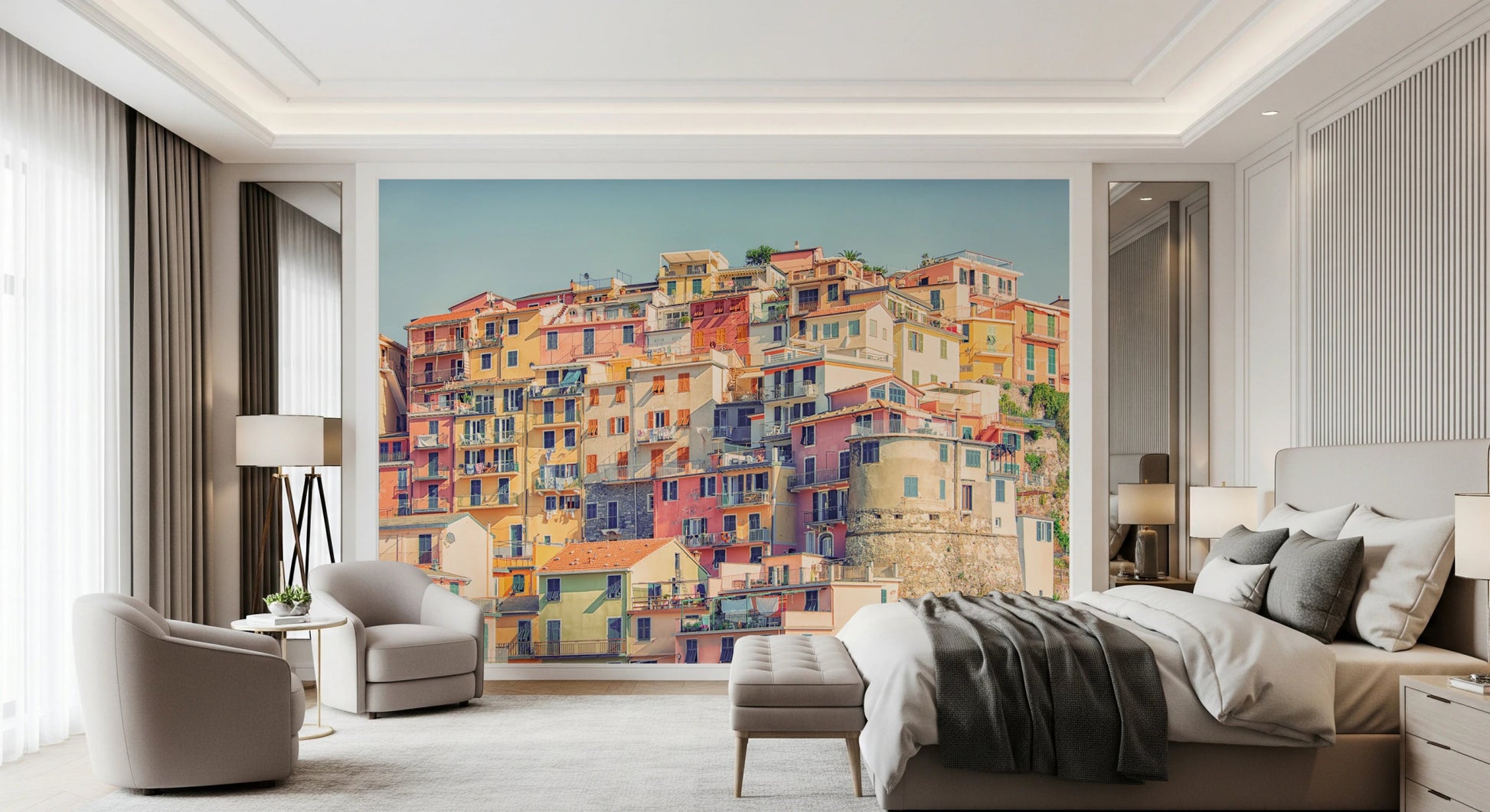 Manarola city wall mural with stone tower