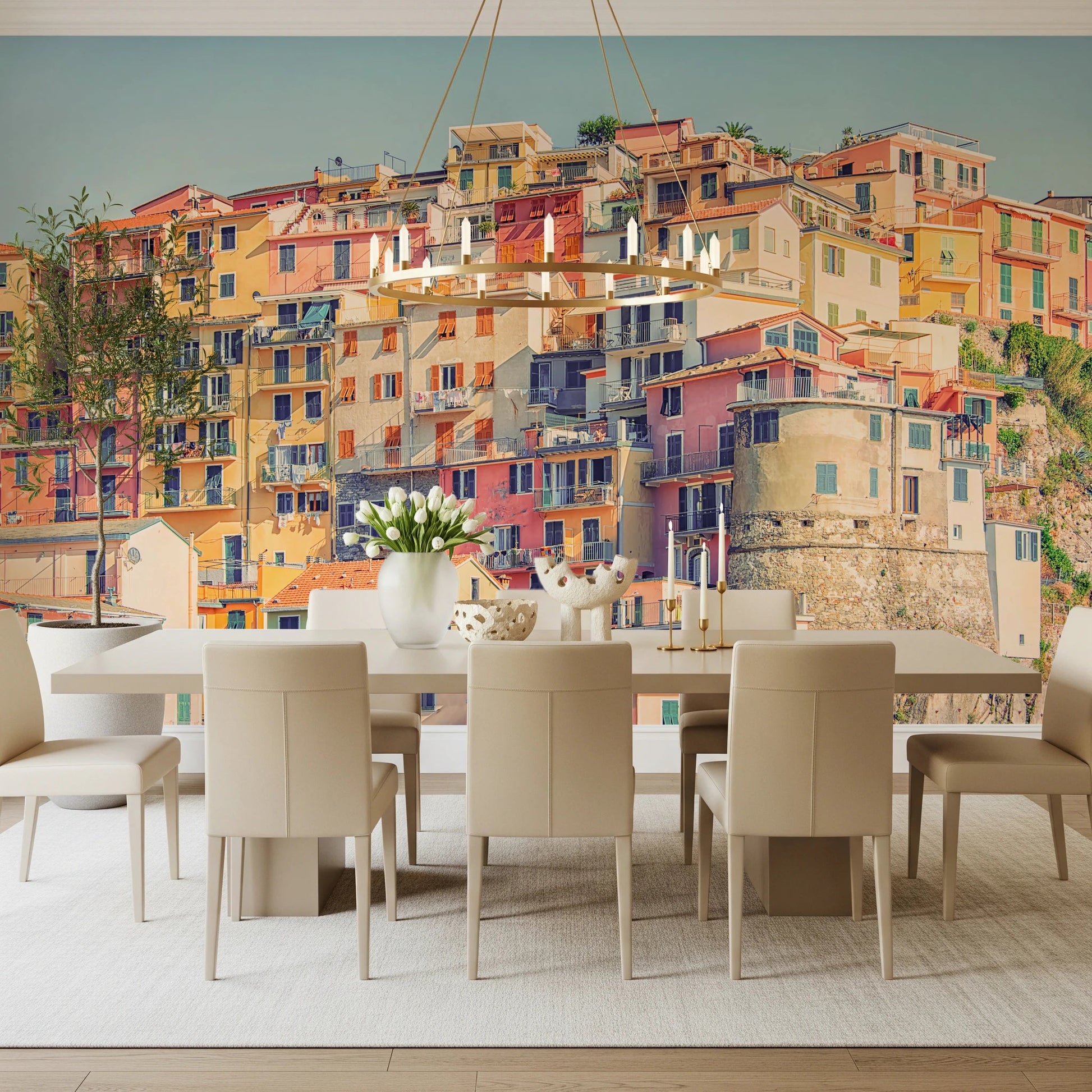Pastel city wall mural with coastal buildings