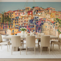 Pastel city wall mural with coastal buildings