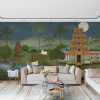 Mandir Majesty wall mural installed behind sofa in living room
