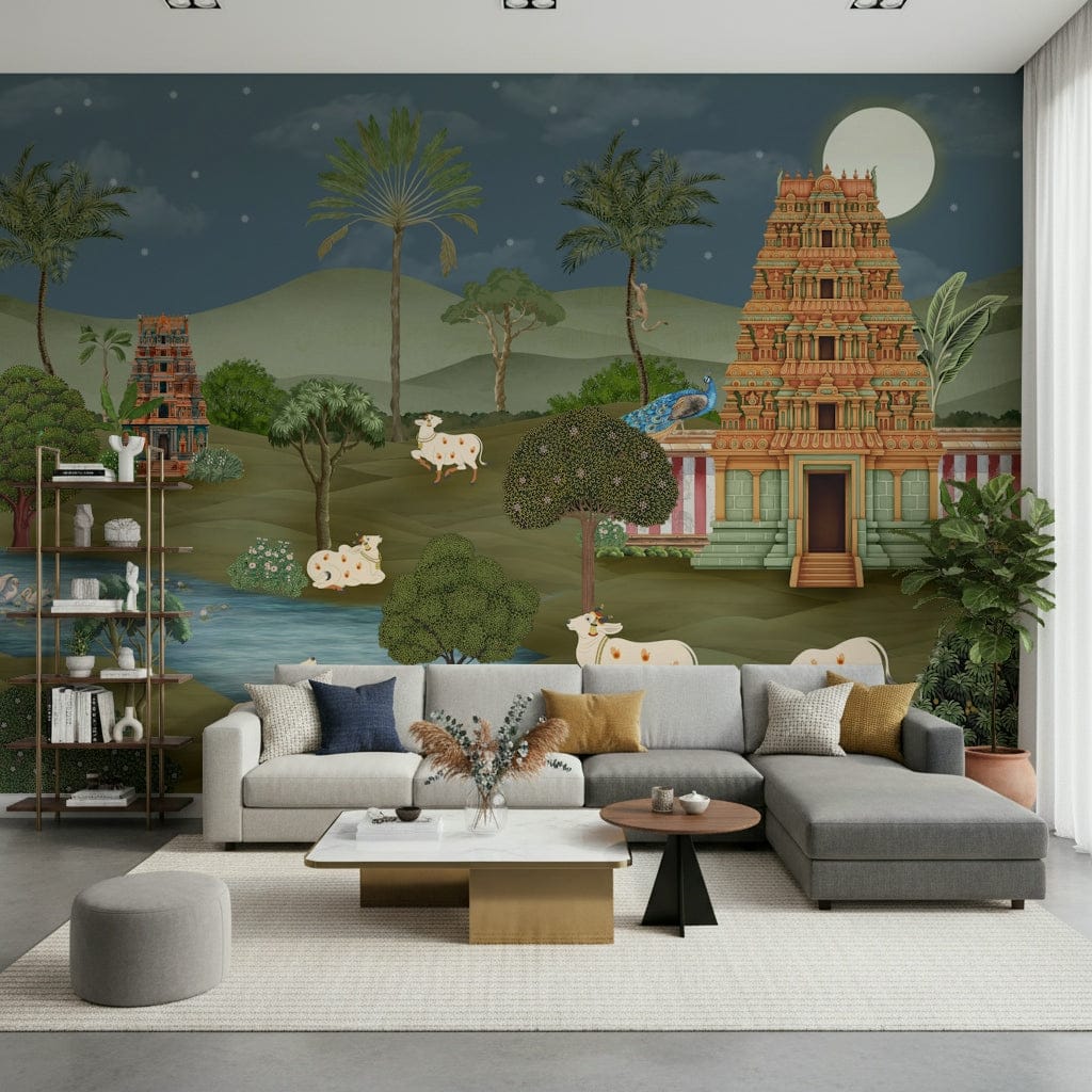 Wall mural featuring grand mandir arches and carved details