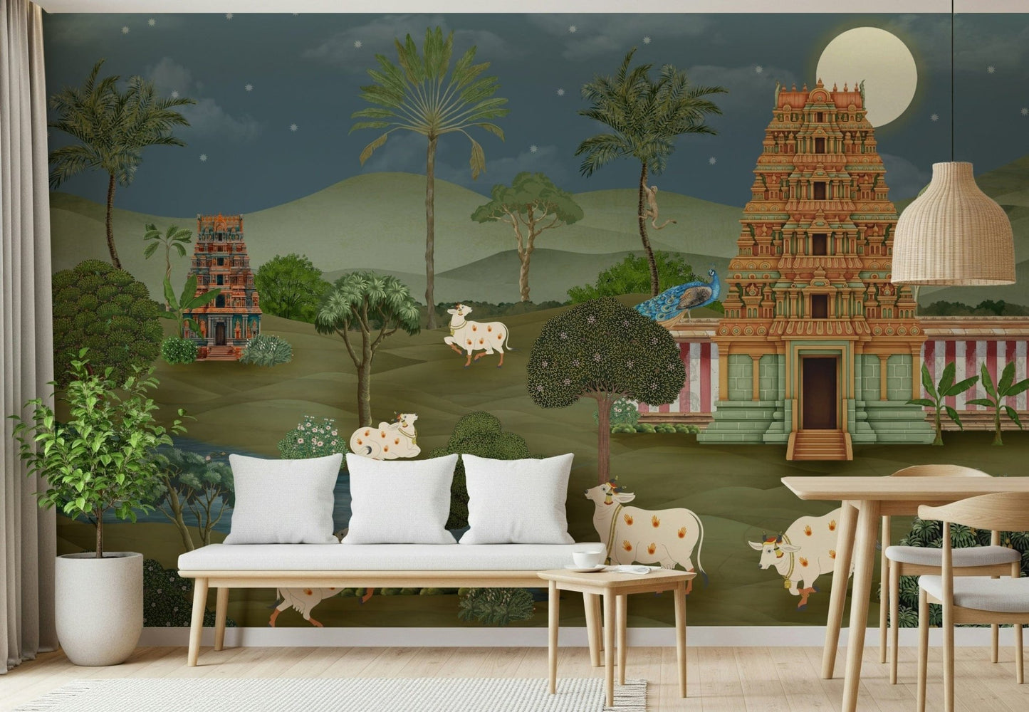 Close-up of Mandir Majesty mural showing pillars and fine patterns