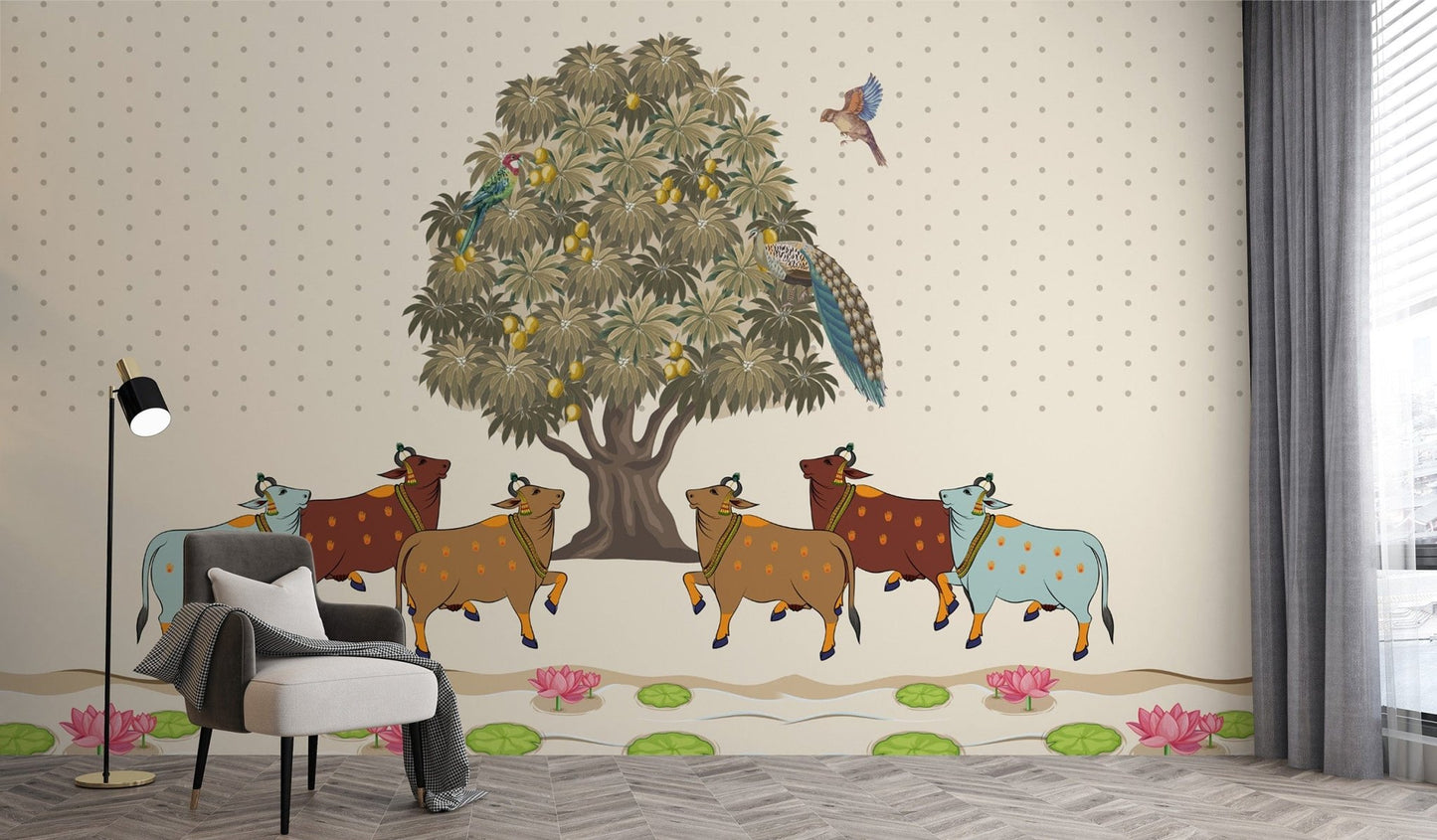 Elegant Mango Grove Pichwai Wallpaper design.

