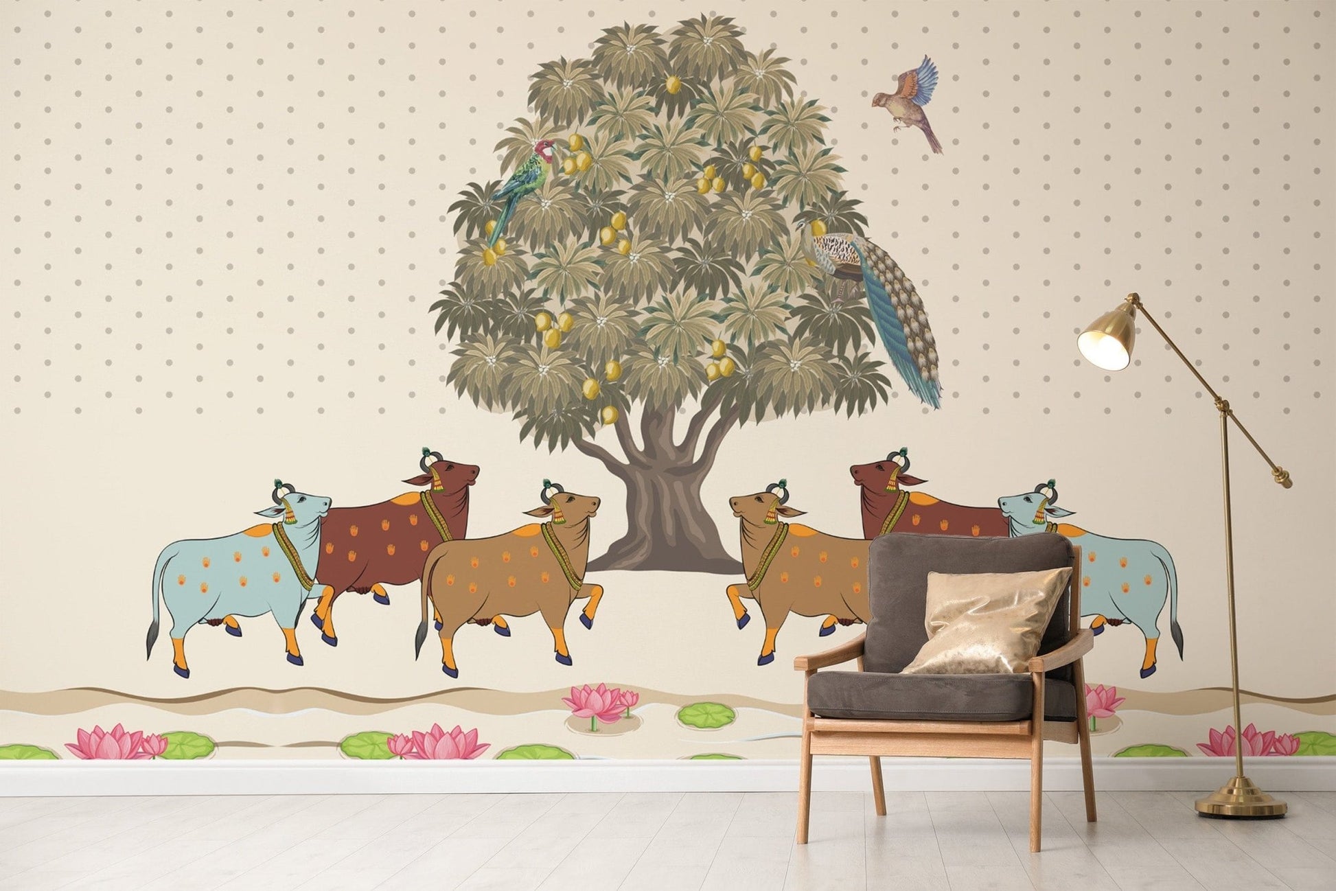 Peaceful Mango Grove Pichwai Wallpaper scene.

