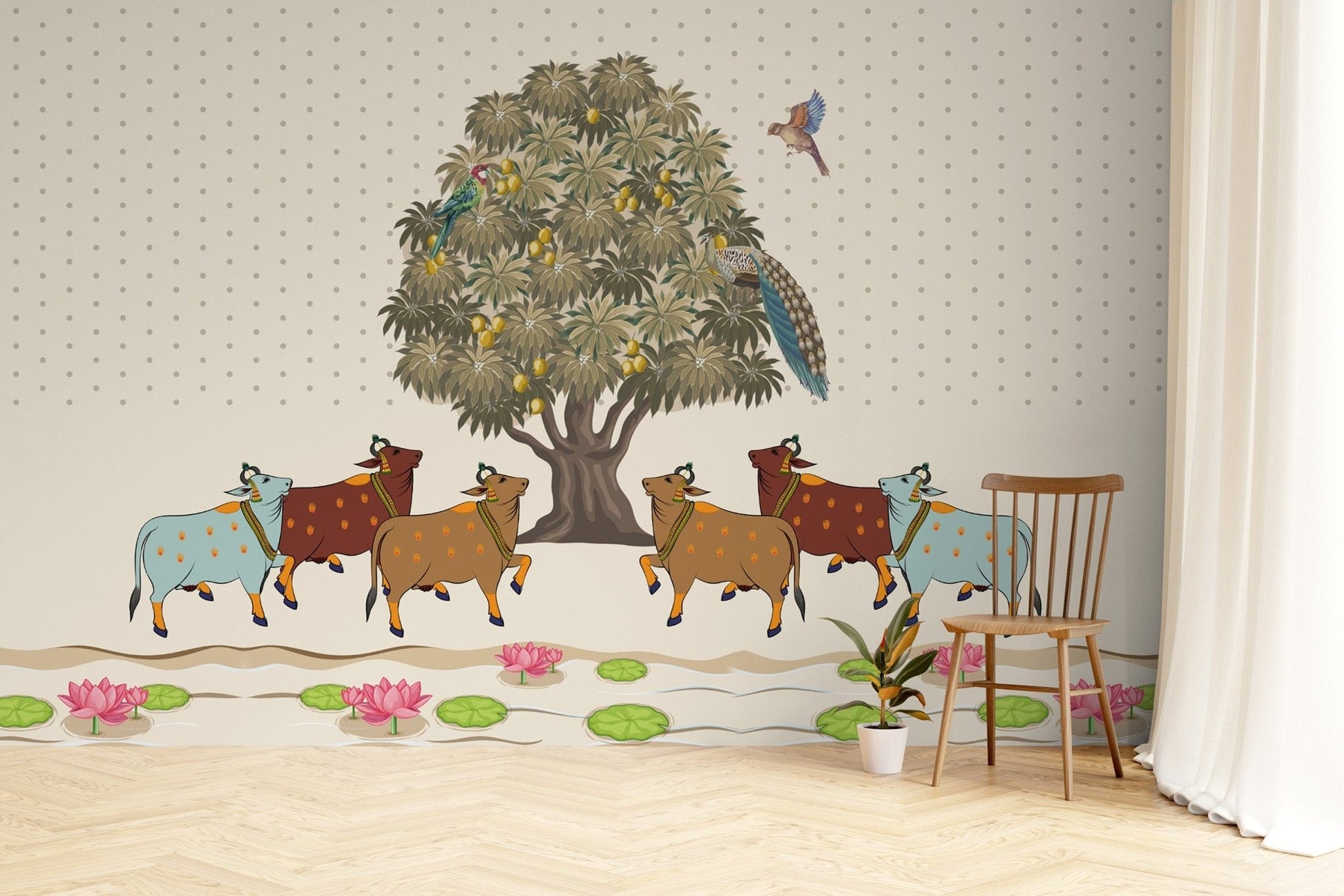 Cultural Mango Grove Pichwai Wallpaper.

