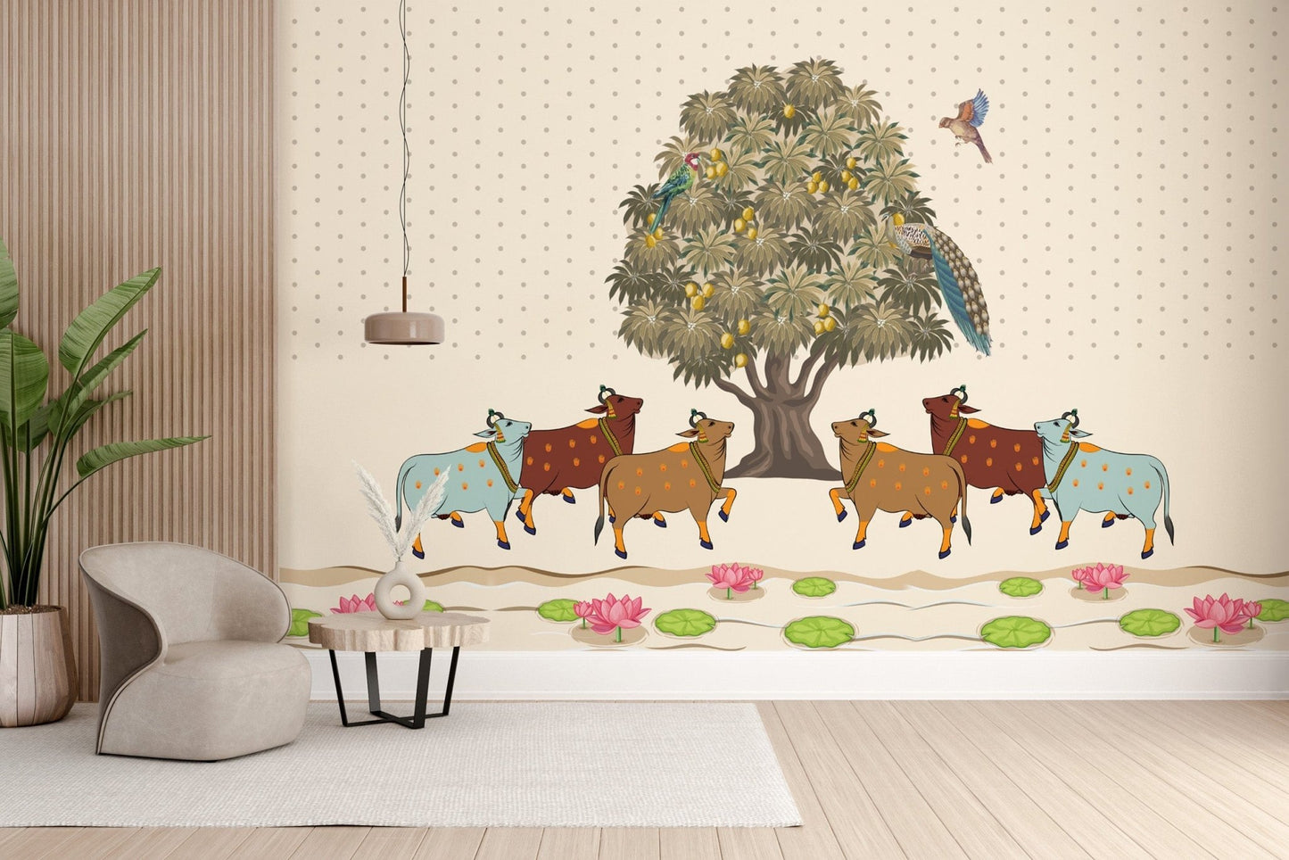 Mango Grove Pichwai Wallpaper with cows.

