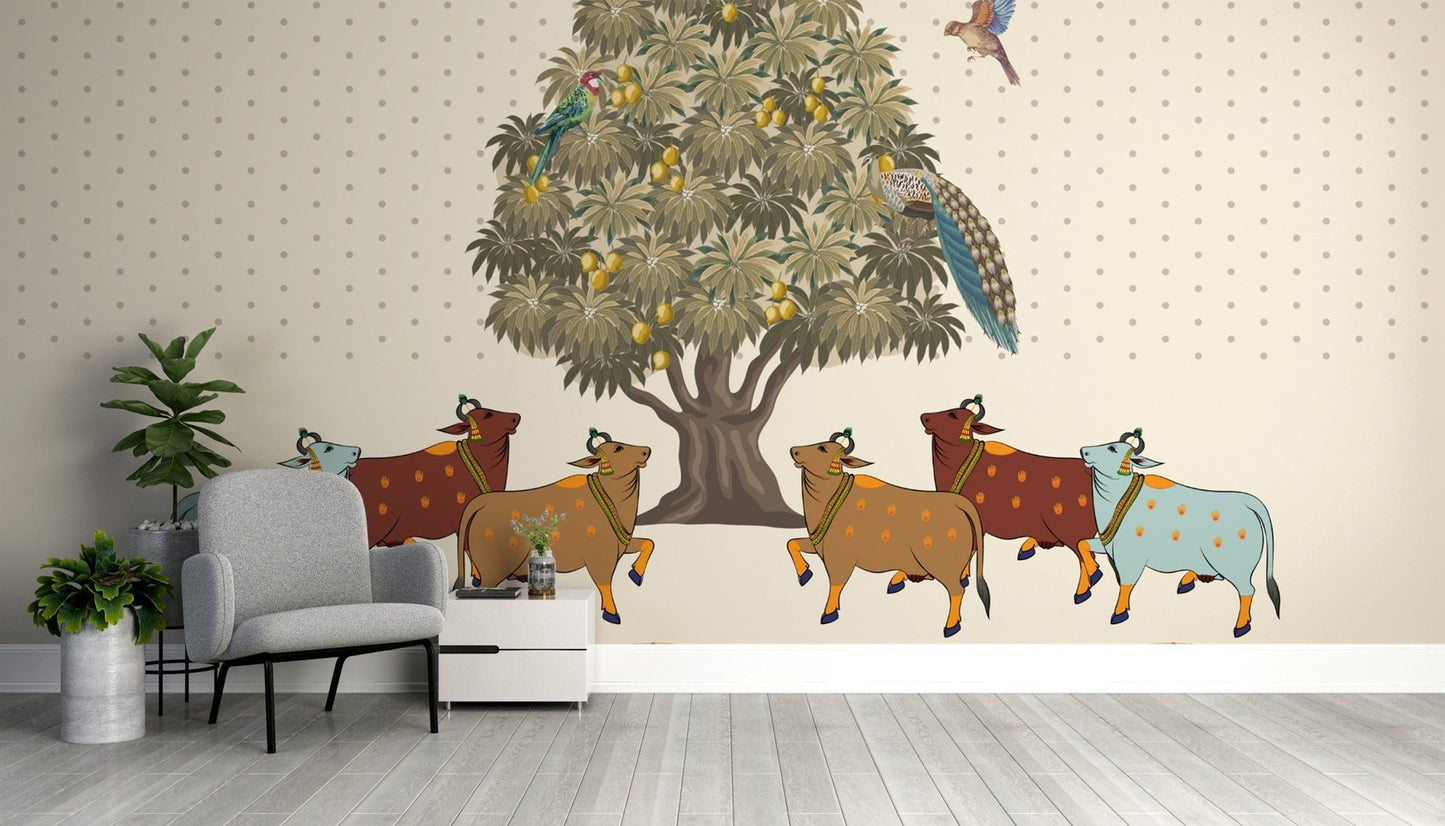 Hand-painted look on Mango Grove Pichwai Wallpaper.

