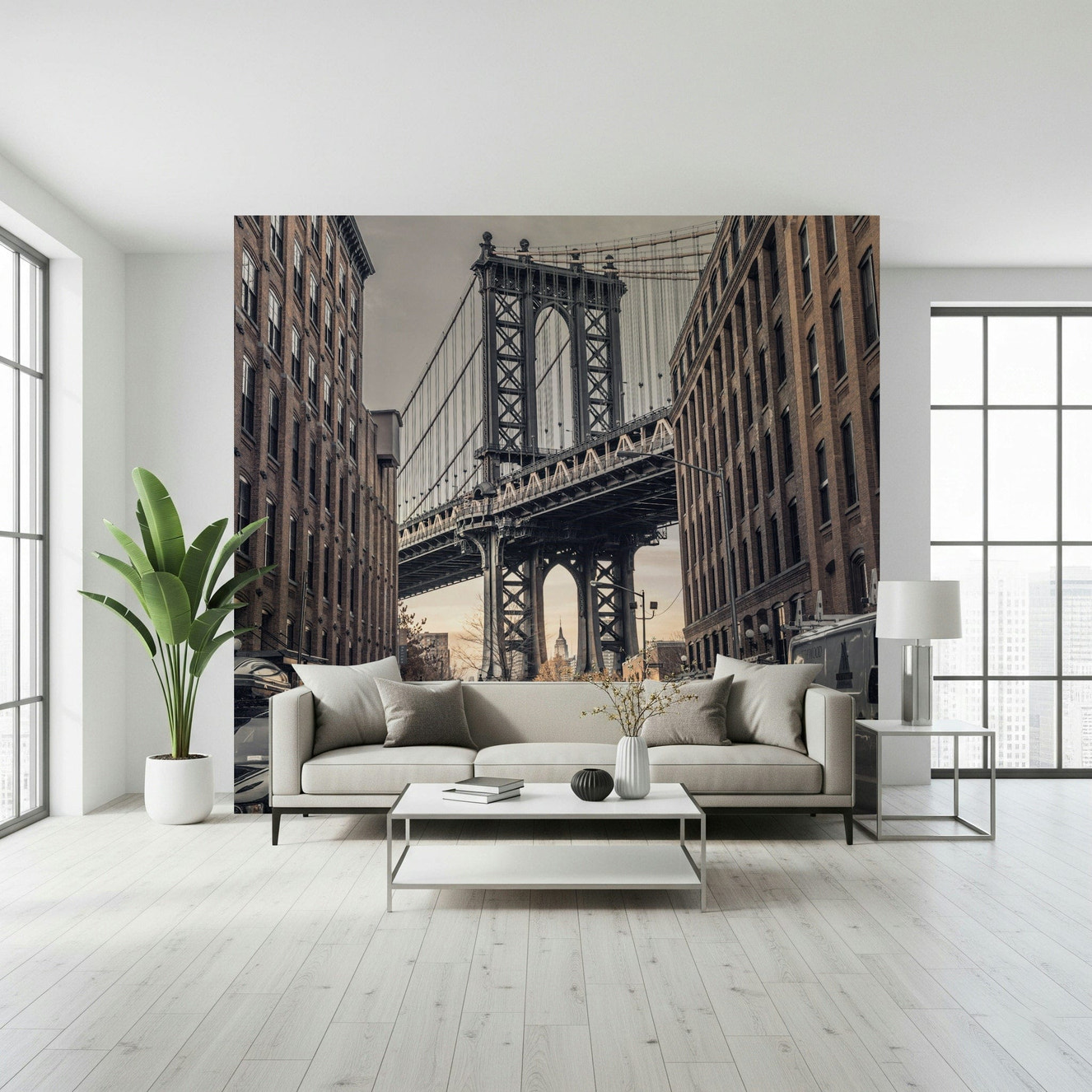 Manhattan Bridge from Dumbo mural, iconic street view wallpaper design.