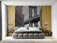 Iconic Dumbo perspective mural art, industrial chic Manhattan Bridge wallpaper.