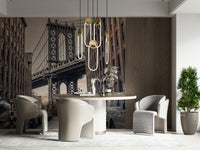 Architectural geometry Manhattan Bridge wallpaper, charming Dumbo alley mural.