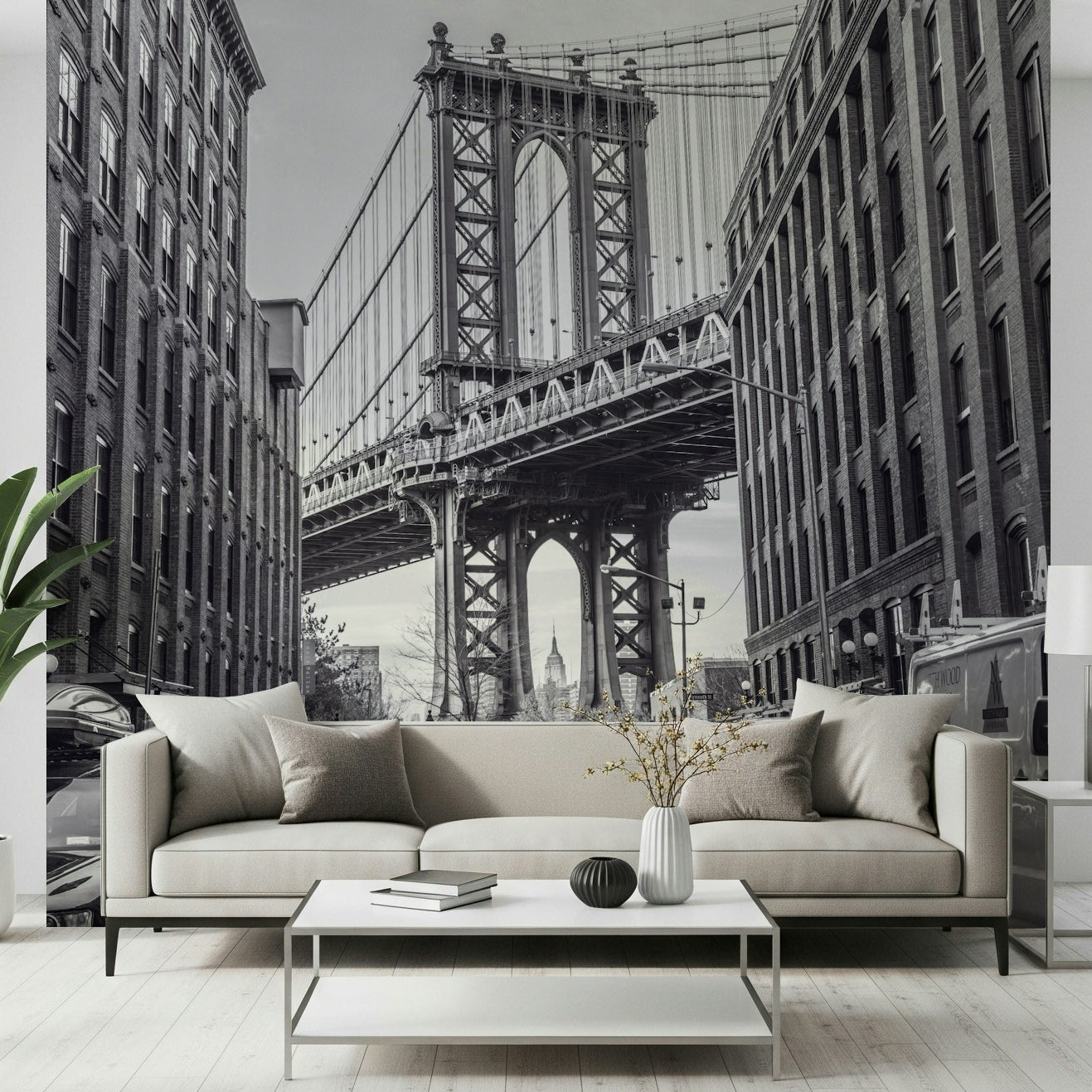 Iconic urban cityscape wallpaper for an industrial feature wall.