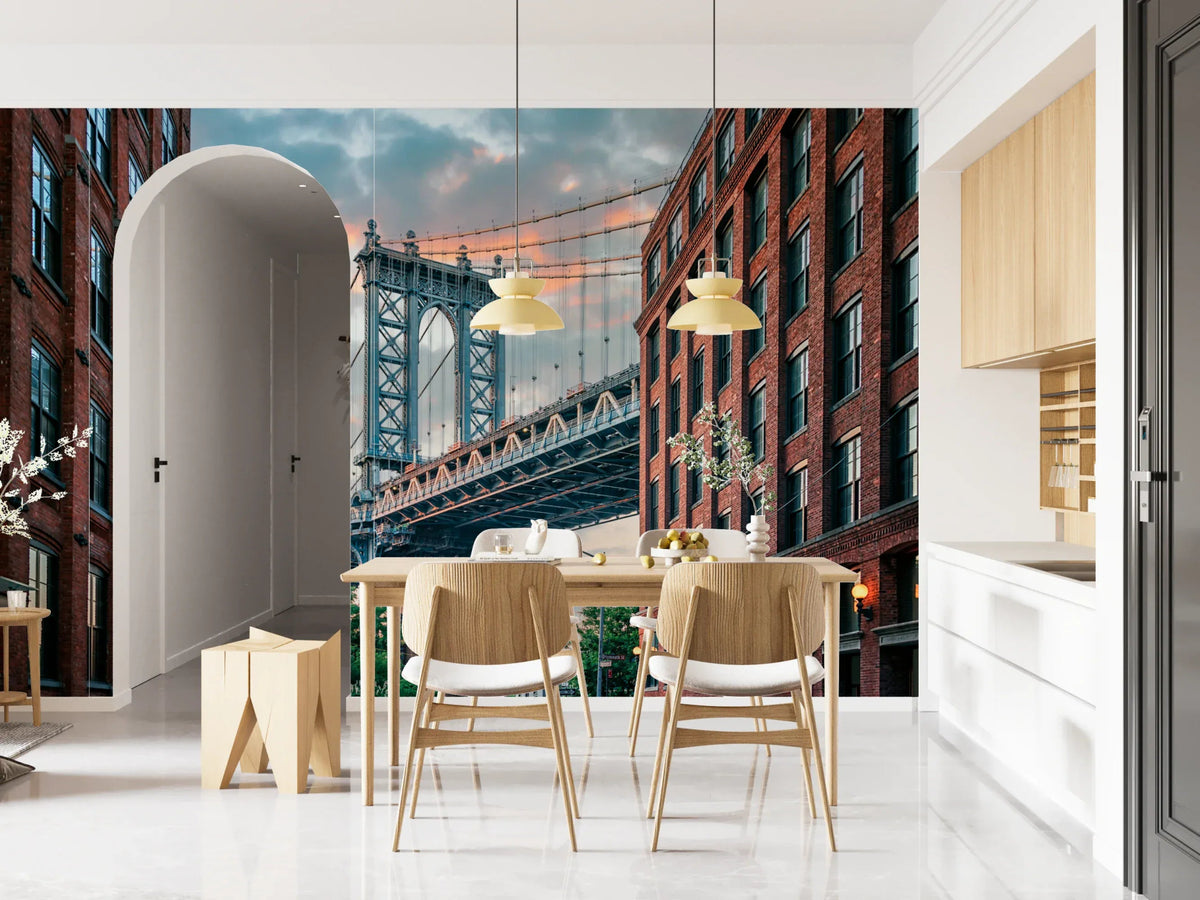 Manhattan Bridge Vista wall mural with steel architecture in a modern living room., GD8014