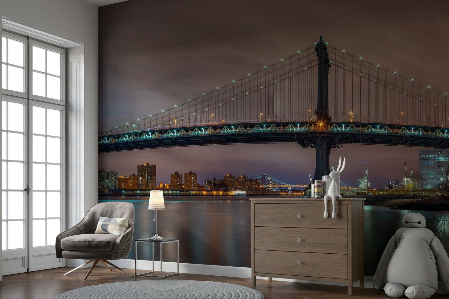 Panoramic nighttime view of the Manhattan Bridge.


