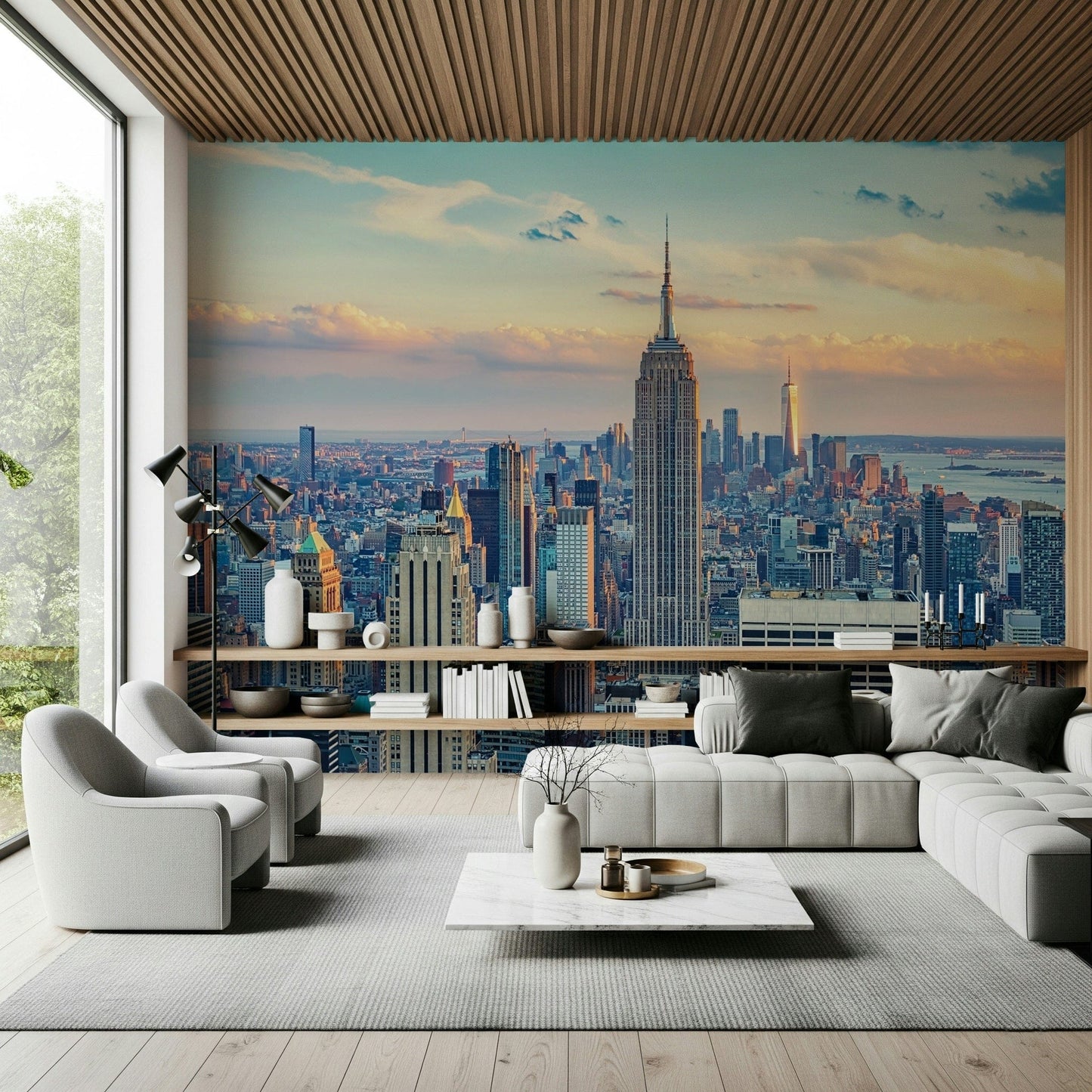 Morning light glows across Manhattan Dawn Hues wallpaper mural.