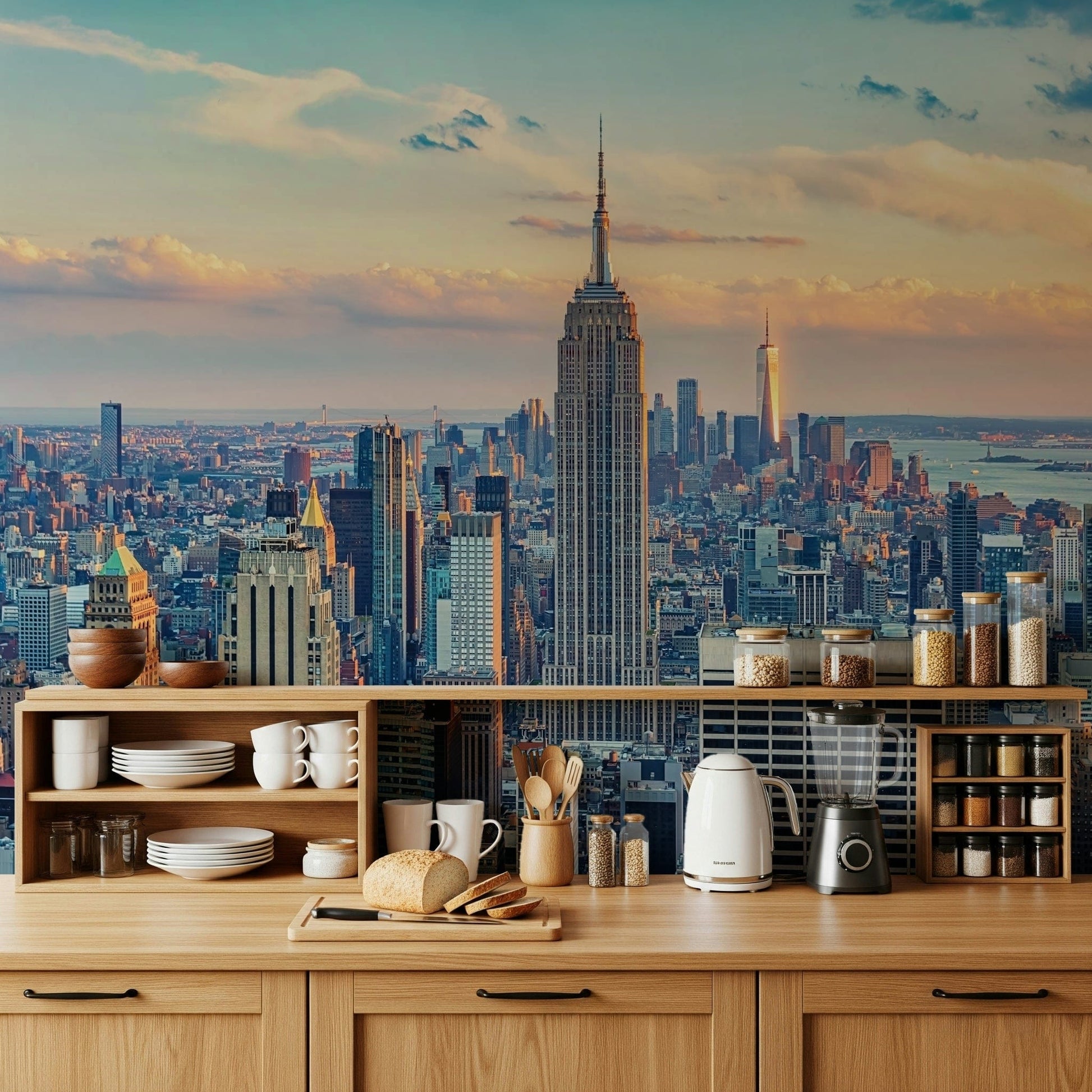 Manhattan Dawn Hues wallpaper mural displays vibrant sunrise tones.