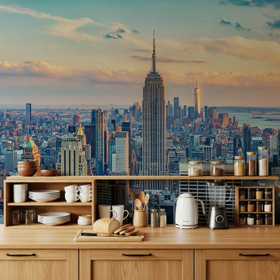 Manhattan Dawn Hues wallpaper mural displays vibrant sunrise tones., GD7512