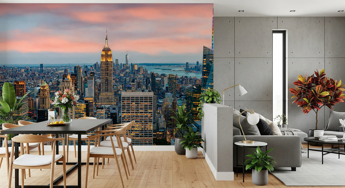 Manhattan Dawn Wall Mural wallpaper mural in a modern living room setting.