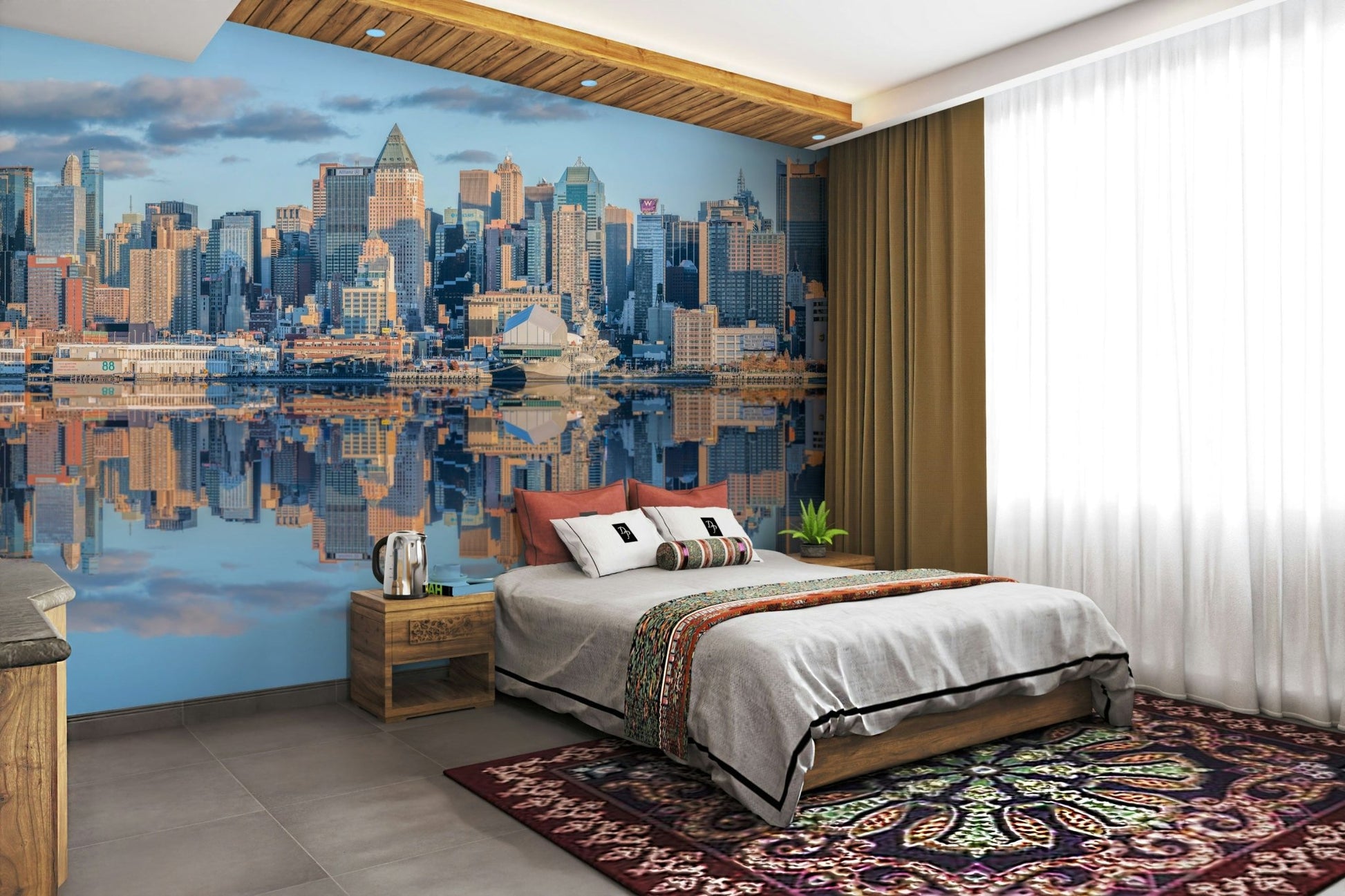 City lights reflection in Manhattan mirror wall mural.

