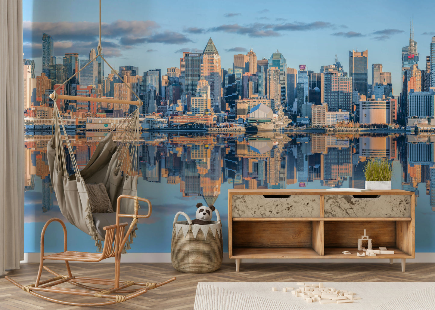 Sleek Manhattan skyline mural with reflective design.

