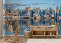 Sleek Manhattan skyline mural with reflective design.


