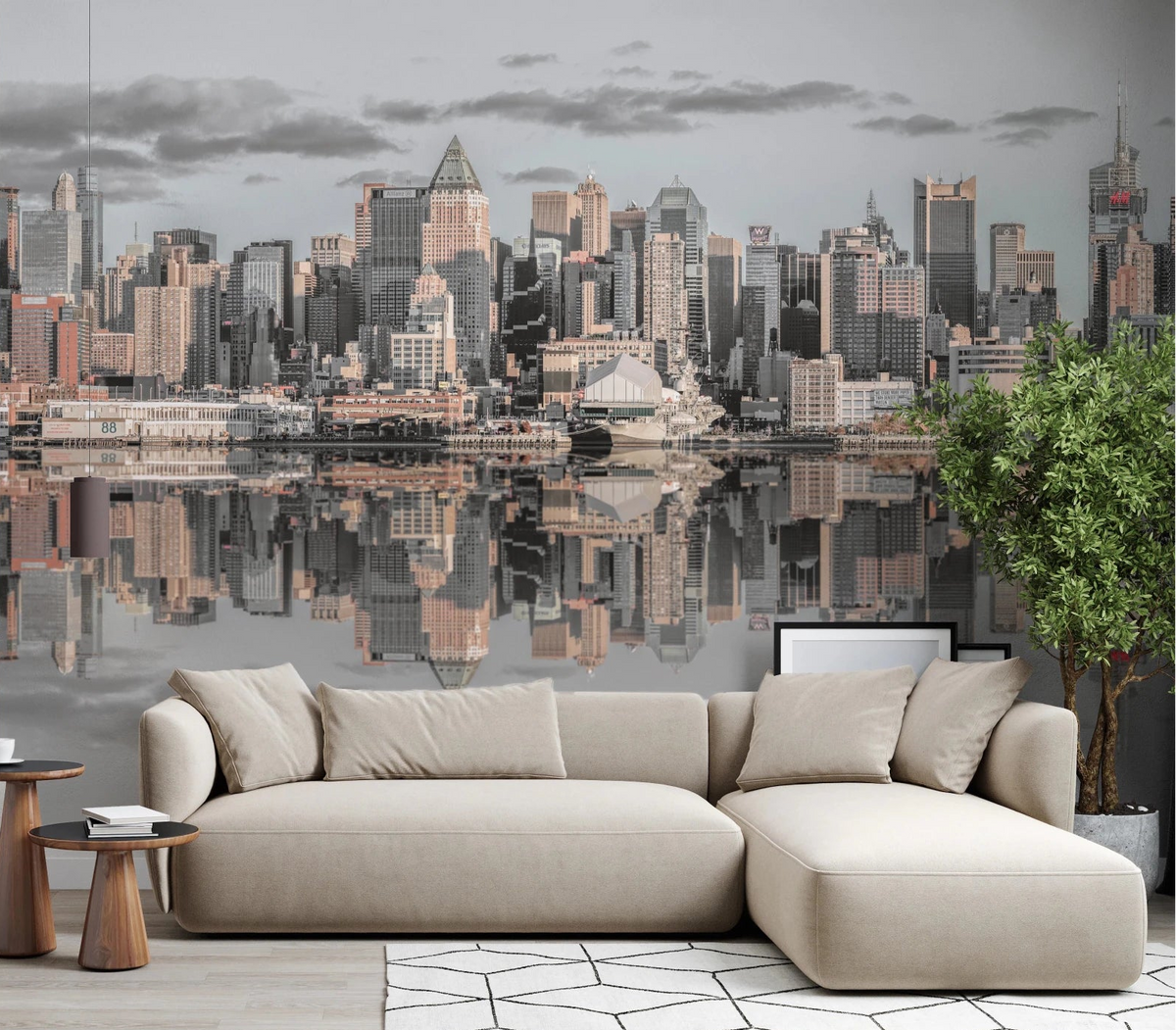 Manhattan Skyline Panorama wall mural in living room with reflection, GD8765
