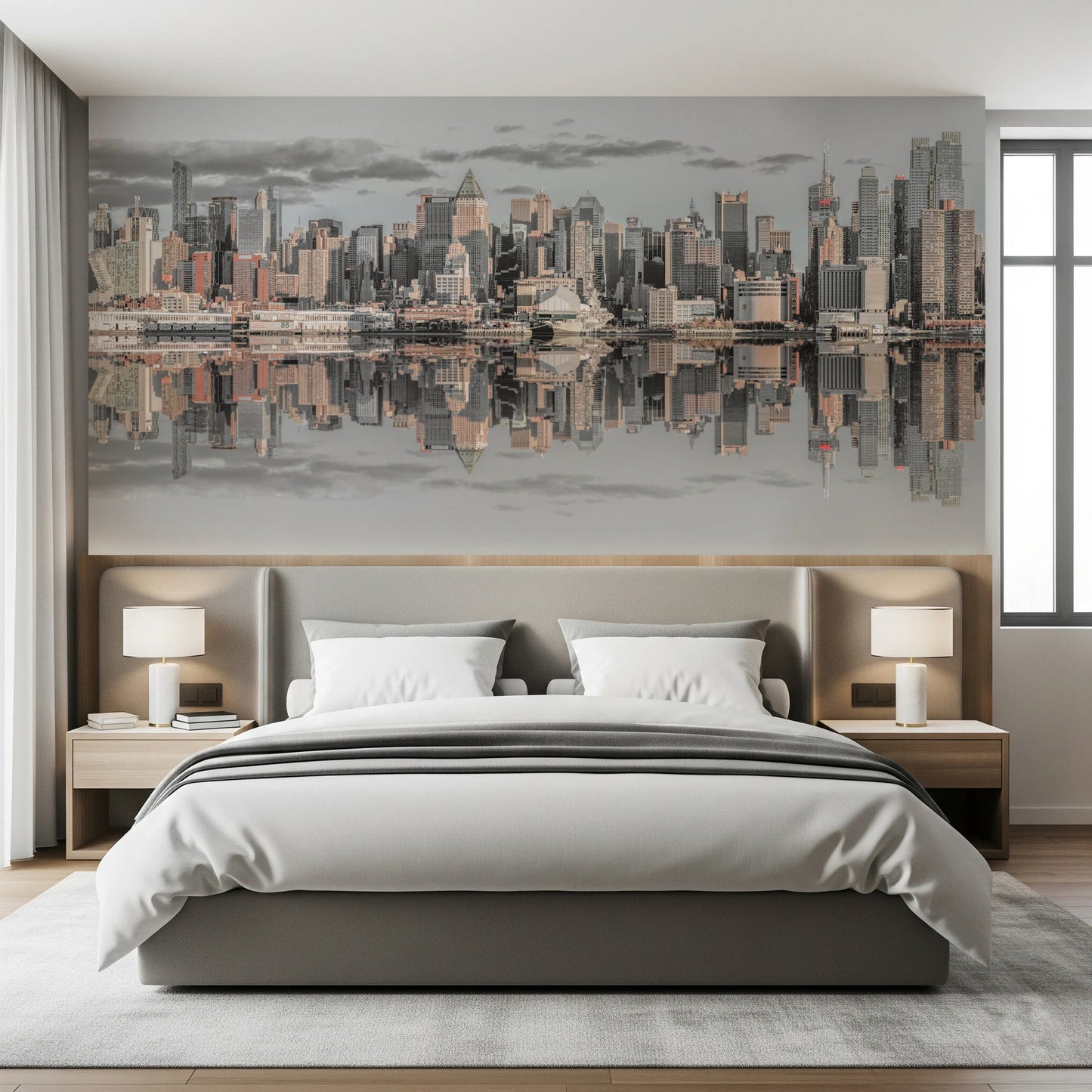 Bedroom space with Manhattan Skyline Panorama wall mural design, GD8765