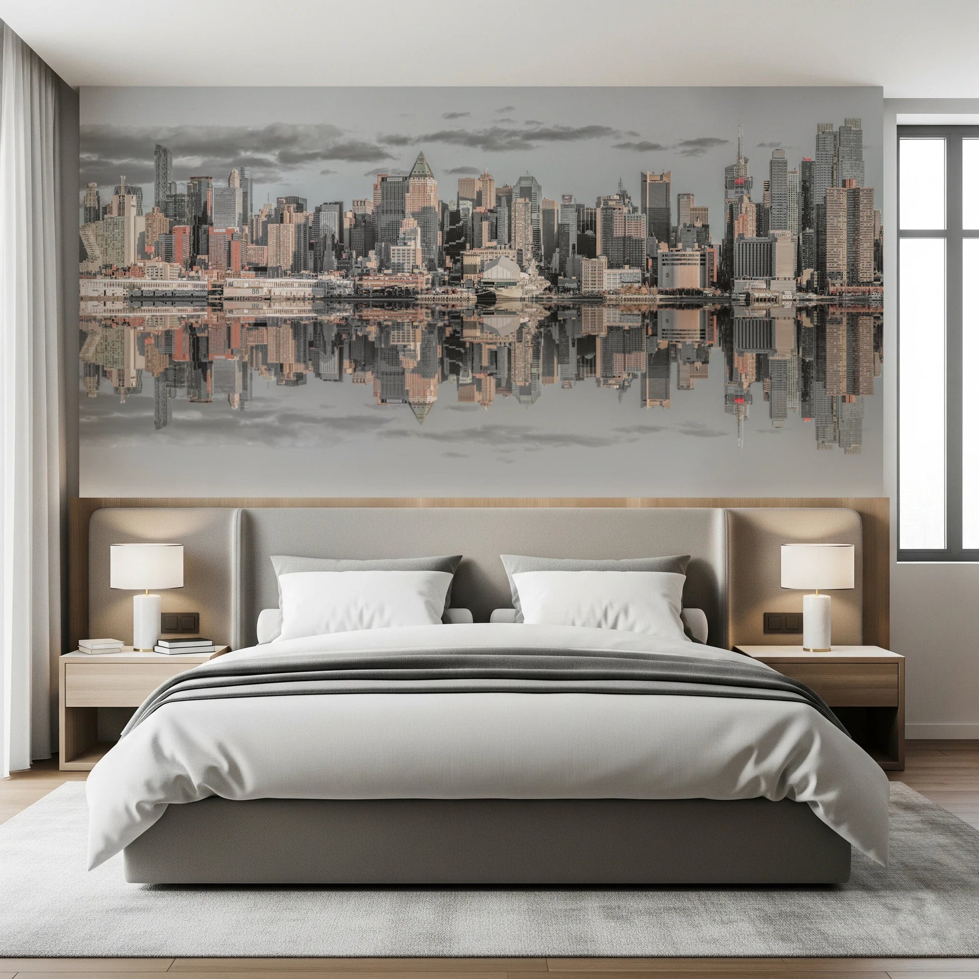 Bedroom space with Manhattan Skyline Panorama wall mural design, GD8765