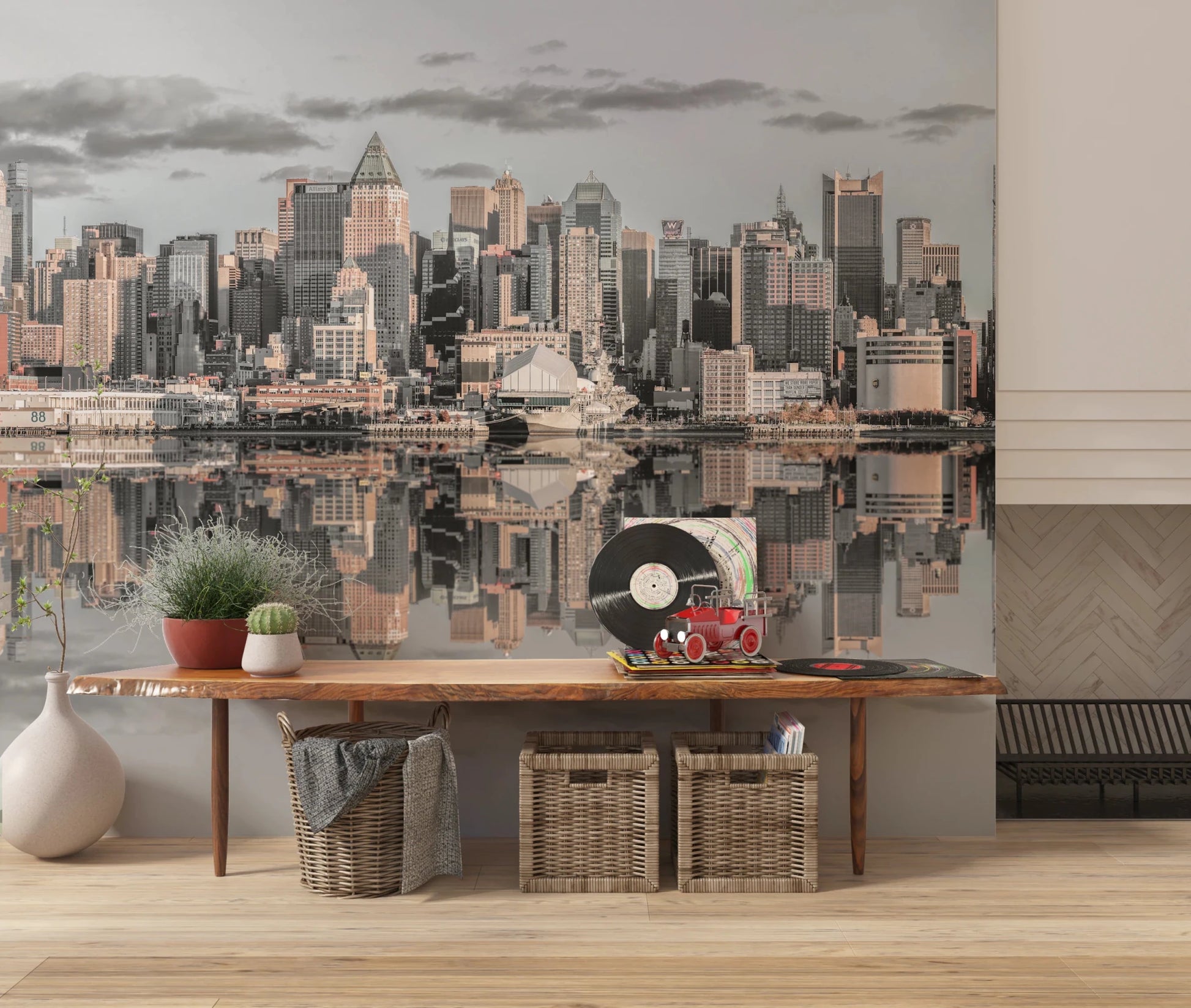 Manhattan Skyline Panorama mural with calm mirrored water, GD8765