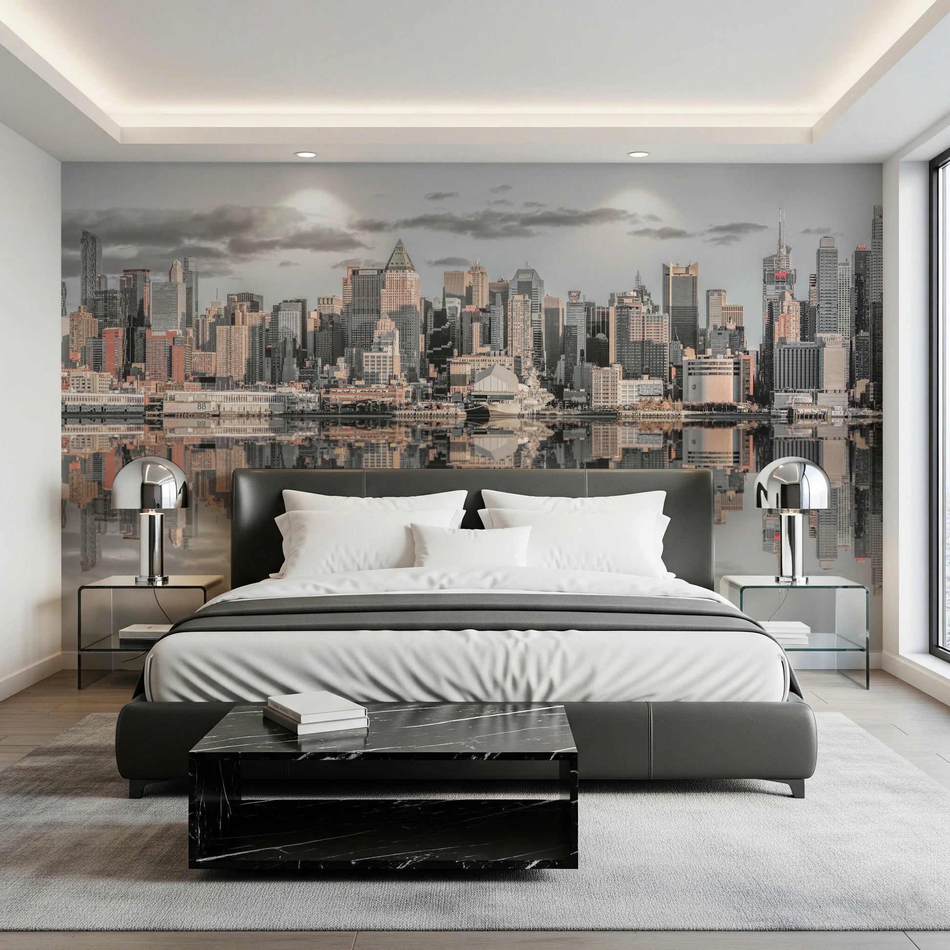 Bedroom styled with Manhattan Skyline Panorama wall mural view, GD8765
