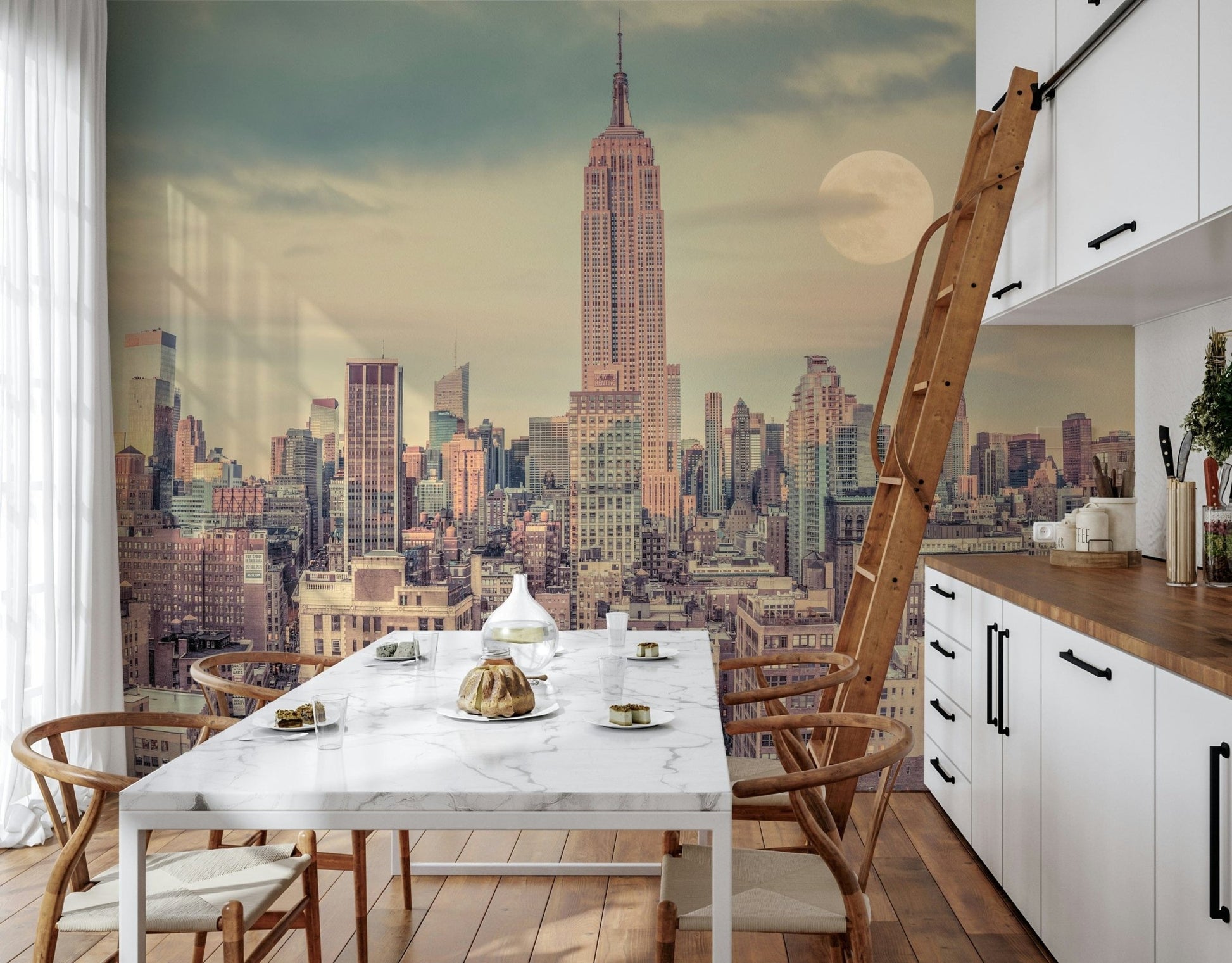 Manhattan Skyline panoramic wallpaper, vintage toned City mural art.