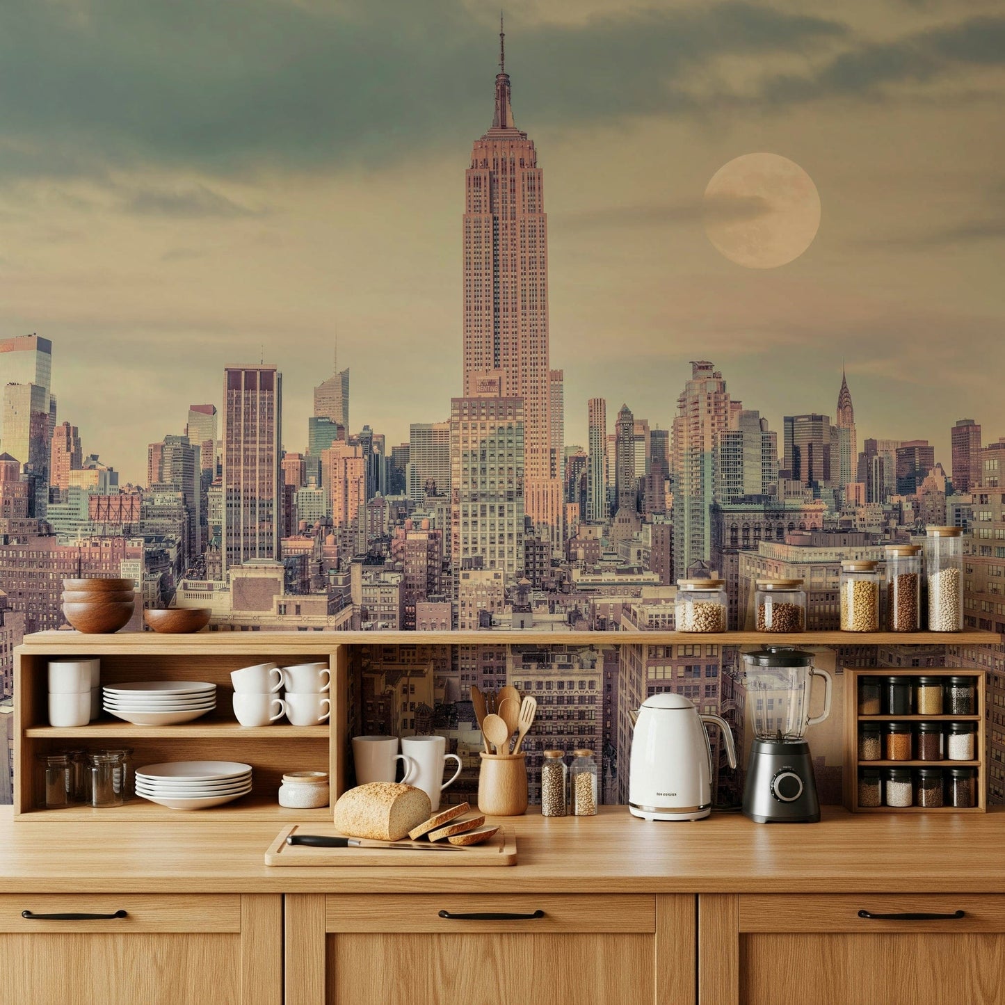 Midtown Manhattan view, moonlit urban wallpaper for walls, subtle mural.