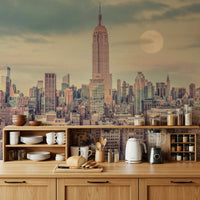 Midtown Manhattan view, moonlit urban wallpaper for walls, subtle mural.