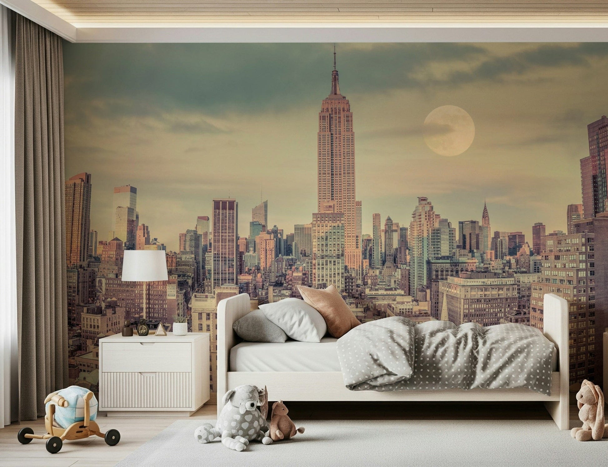 Manhattan Skyline accent wall mural, dramatic sky backdrop wallpaper.