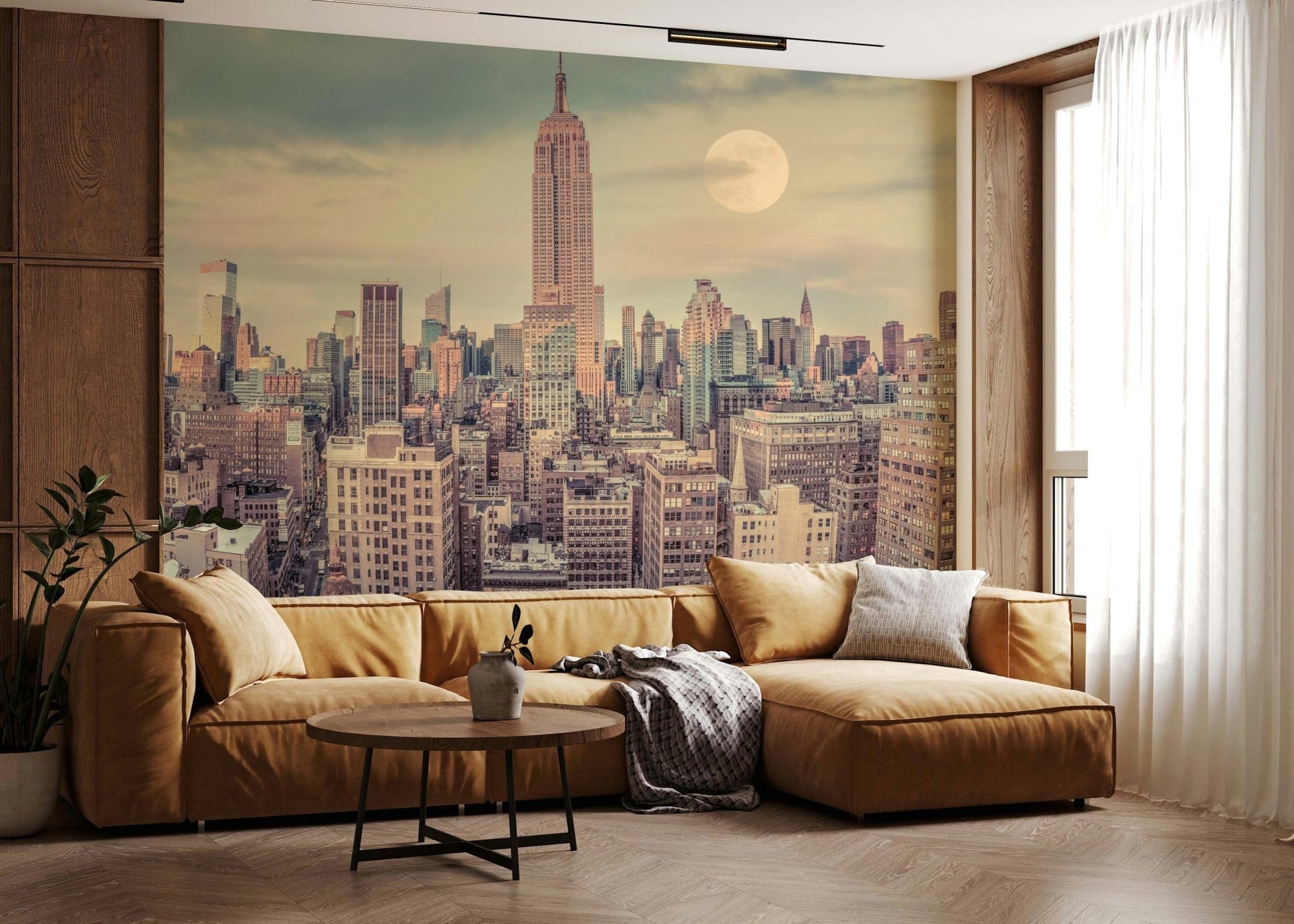 Skyline panorama, classic New York City mural design, architectural wallpaper.