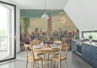 Full moon over Manhattan City wallpaper, dramatic urban mural print.