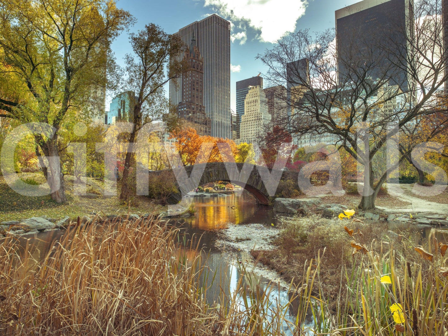 Contemporary wall mural depicting a quiet street during the fall season.