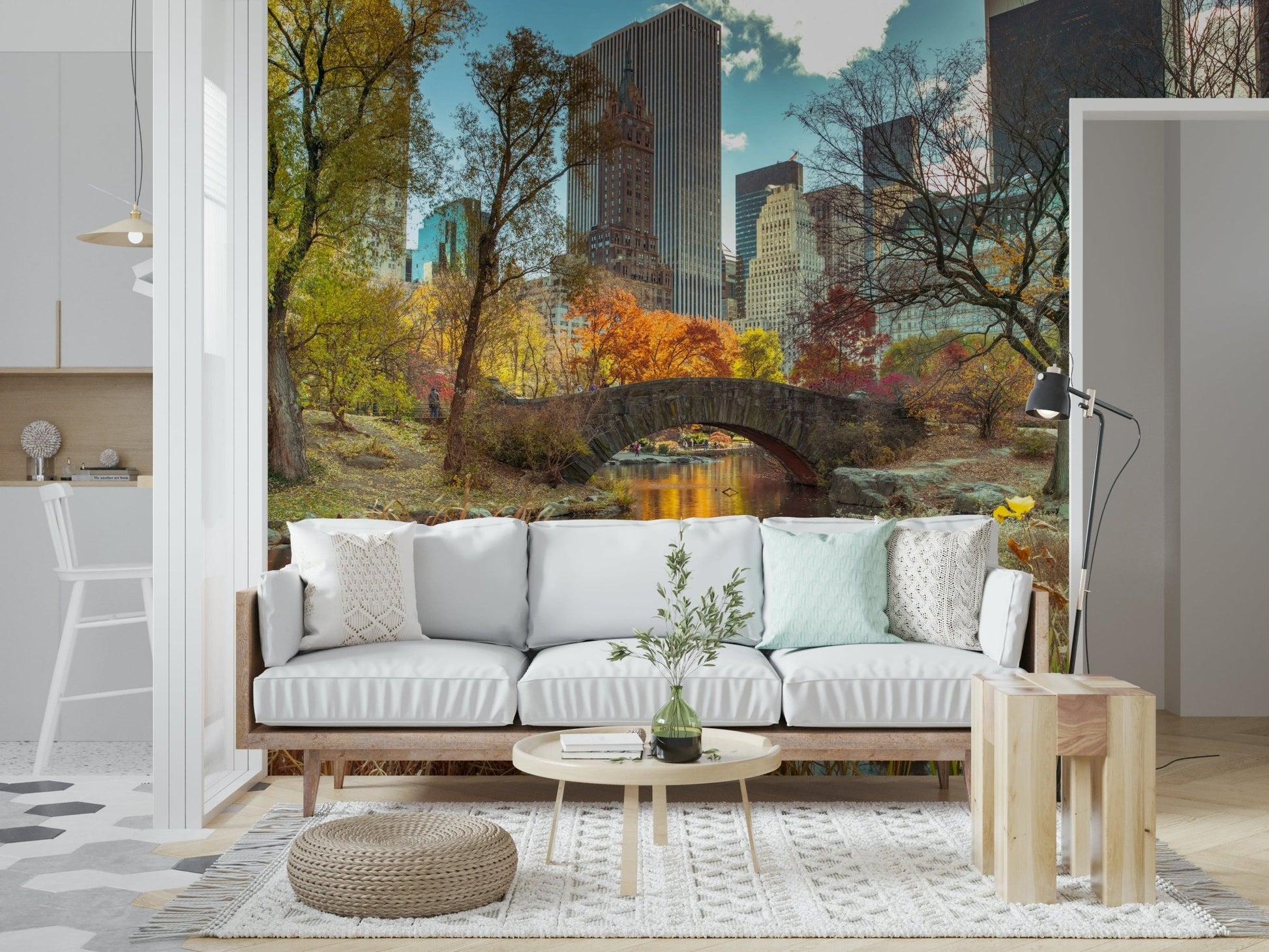 Urban landscape wallpaper featuring a New York street scene in autumn colours.