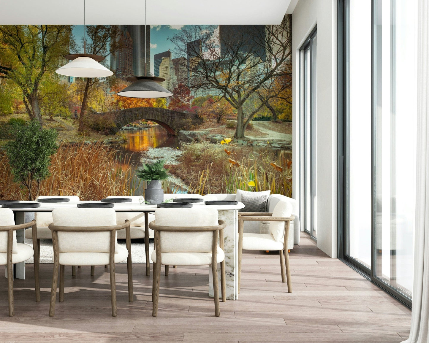 Tall buildings and orange trees depicted in a high-quality wallpaper.