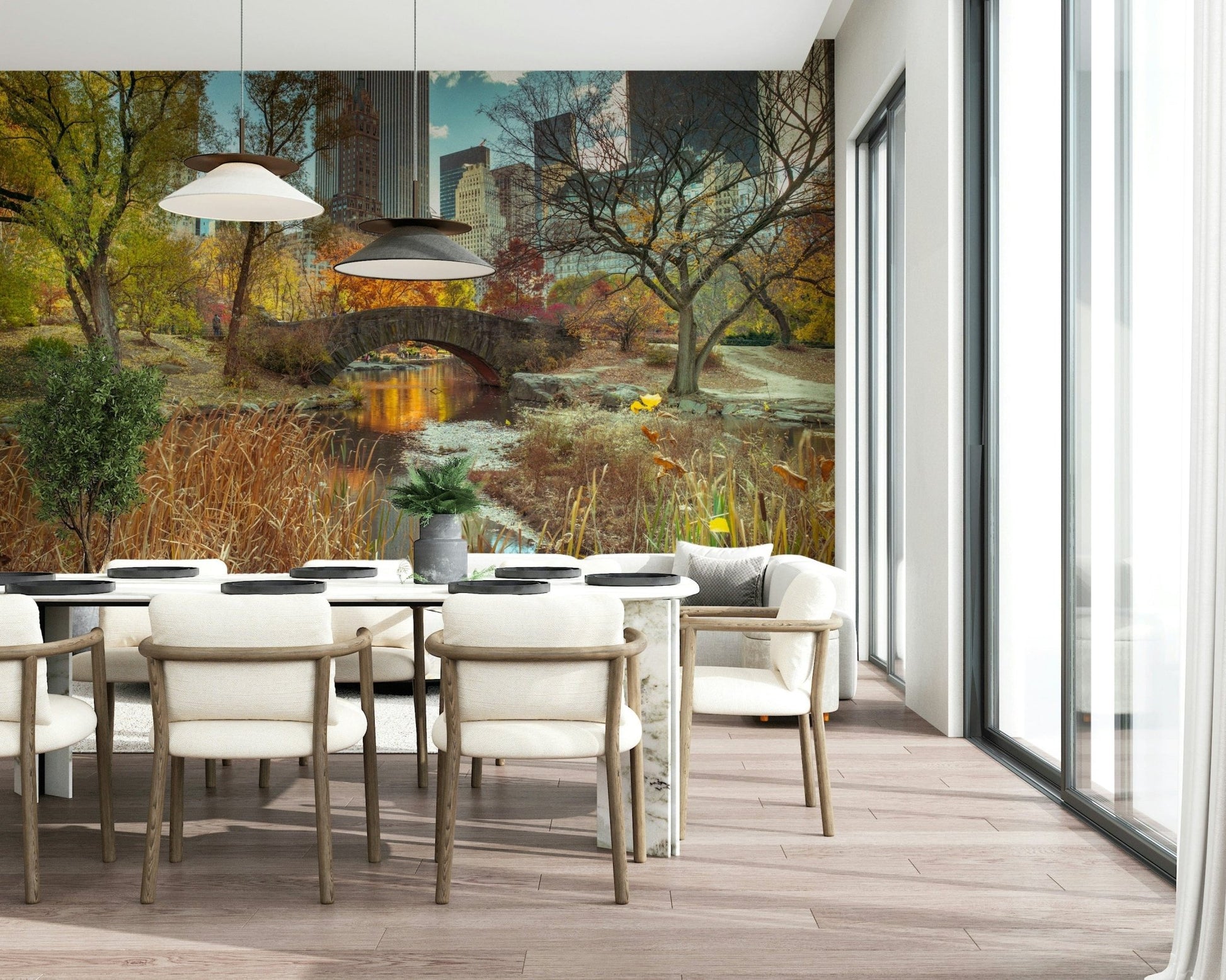 Tall buildings and orange trees depicted in a high-quality wallpaper.