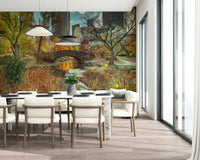 Tall buildings and orange trees depicted in a high-quality wallpaper.