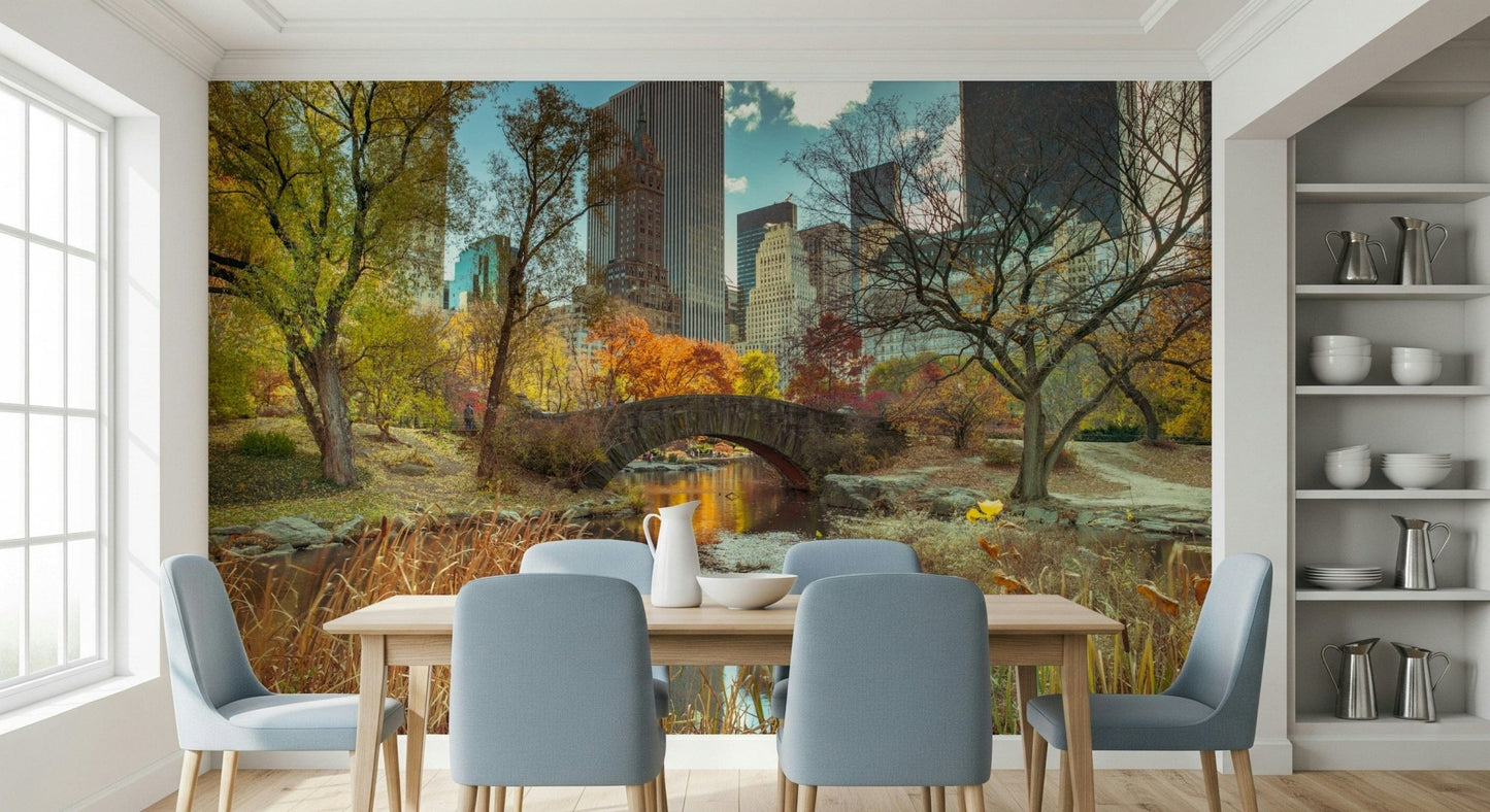 Warm sunset glow on a city skyline wall mural for a modern interior look.